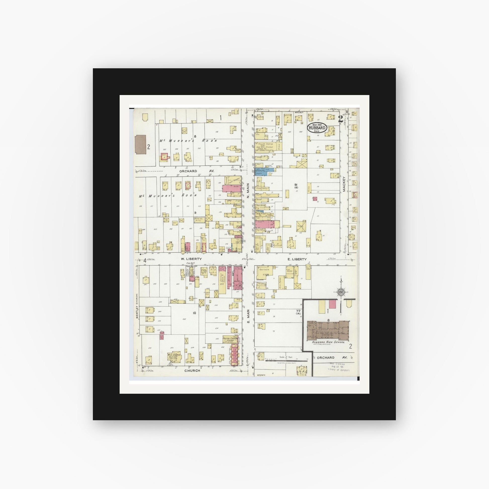 Old map wall art mockup — black gallery frame with white mat — Sanborn Fire Insurance Map from Hubbard, Trumbull County, Ohio (1921), Sheet #0002
