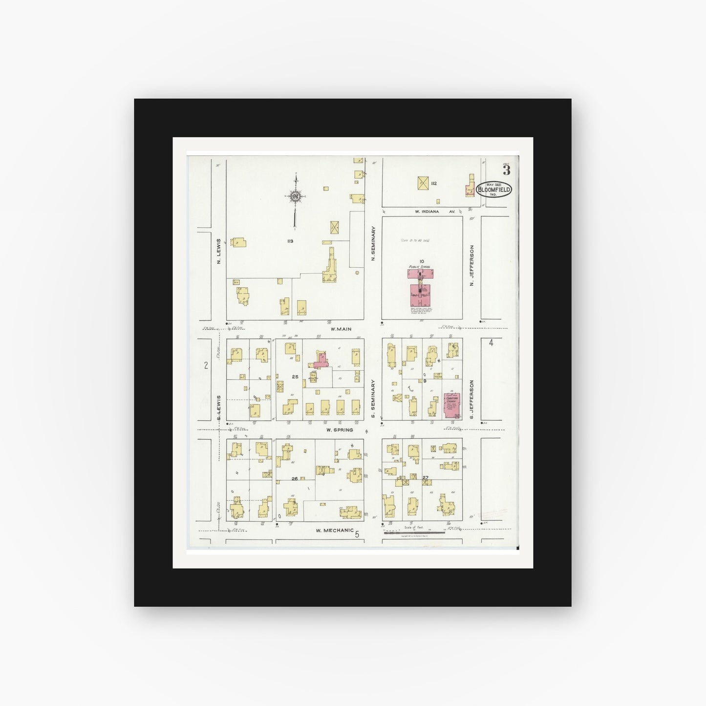 Old map wall art mockup — black gallery frame with white mat — Sanborn Fire Insurance Map from Bloomfield, Greene County, Indiana (1921), Sheet #0003
