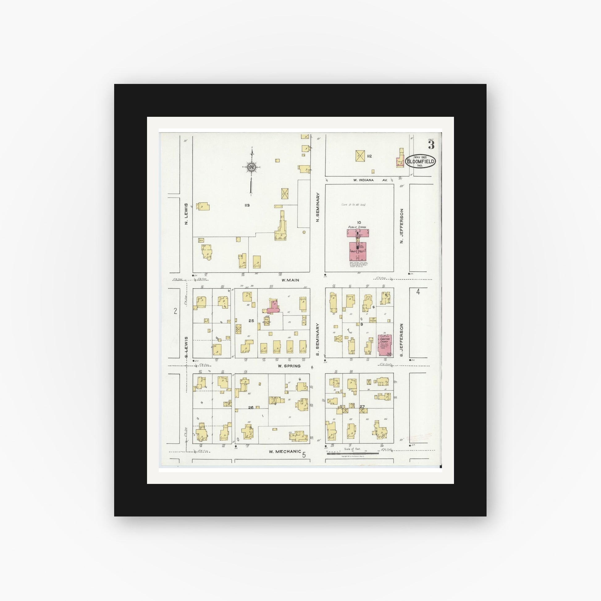 Old map wall art mockup — black gallery frame with white mat — Sanborn Fire Insurance Map from Bloomfield, Greene County, Indiana (1921), Sheet #0003