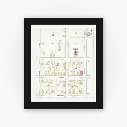 Old map wall art mockup — black gallery frame with white mat — Sanborn Fire Insurance Map from Bloomfield, Greene County, Indiana (1921), Sheet #0003