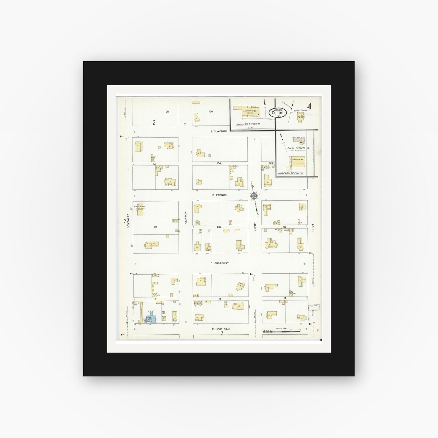 Old map wall art mockup — black gallery frame with white mat — Sanborn Fire Insurance Map from Cuero, De Witt County, Texas (1912), Sheet #0004
