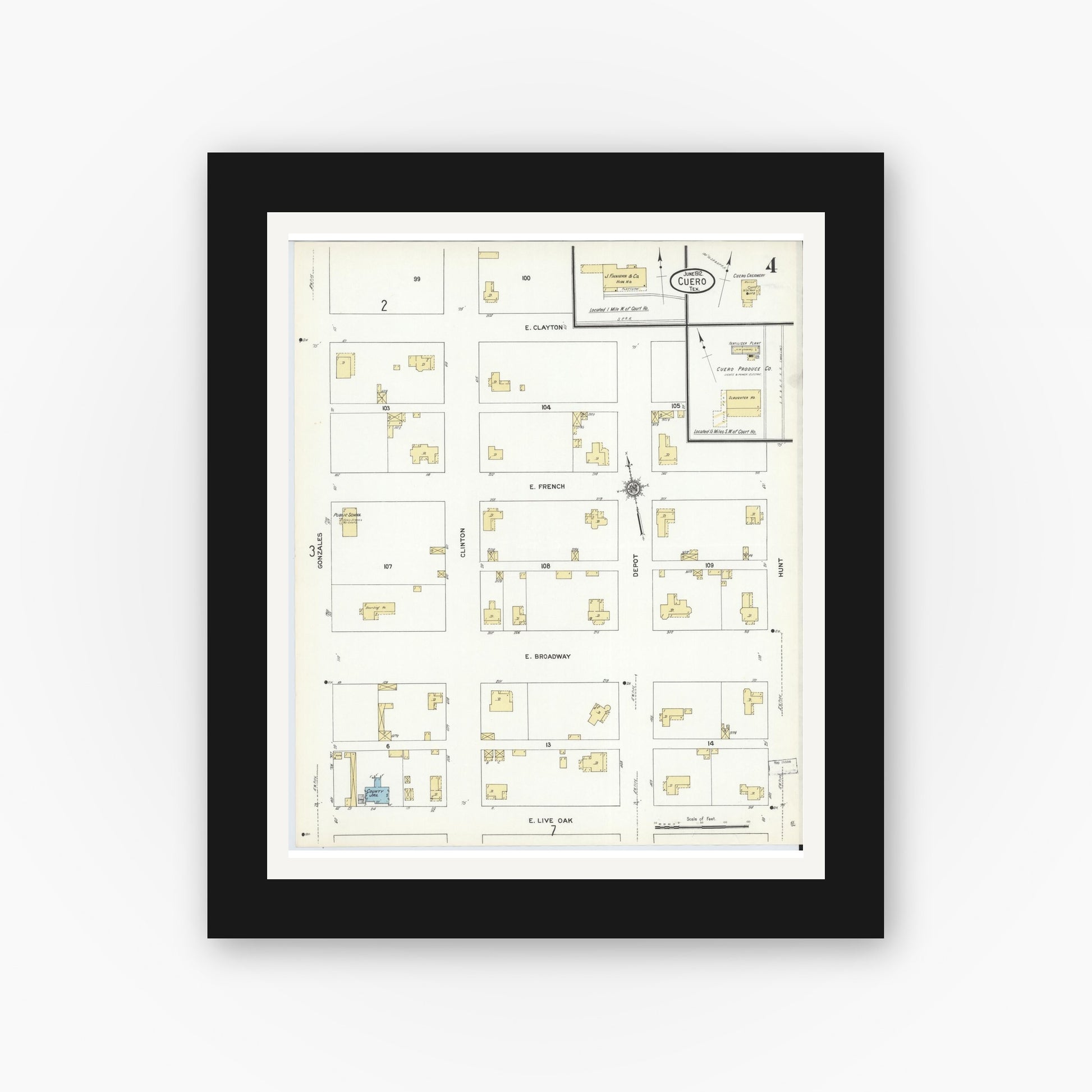 Old map wall art mockup — black gallery frame with white mat — Sanborn Fire Insurance Map from Cuero, De Witt County, Texas (1912), Sheet #0004