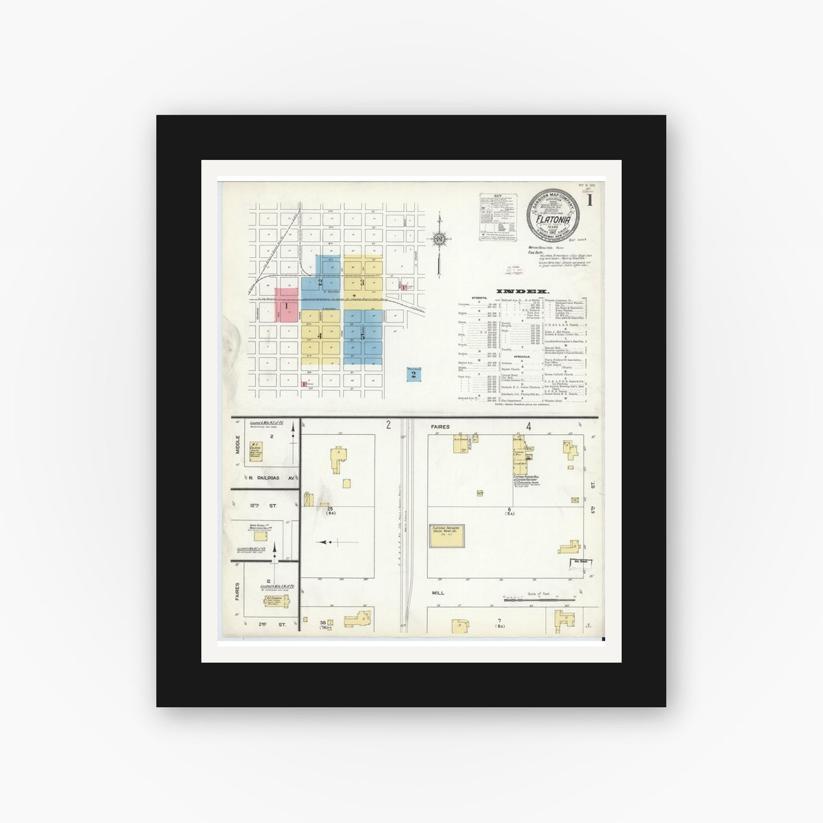Old map wall art mockup — black gallery frame with white mat — Sanborn Fire Insurance Map from Flatonia, Fayette County, Texas (1912) - Complete Map Set