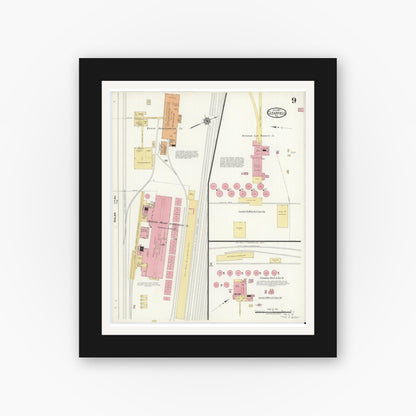 Old map wall art mockup — black gallery frame with white mat — Sanborn Fire Insurance Map from Clearfield, Clearfield County, Pennsylvania (1917), Sheet #0009