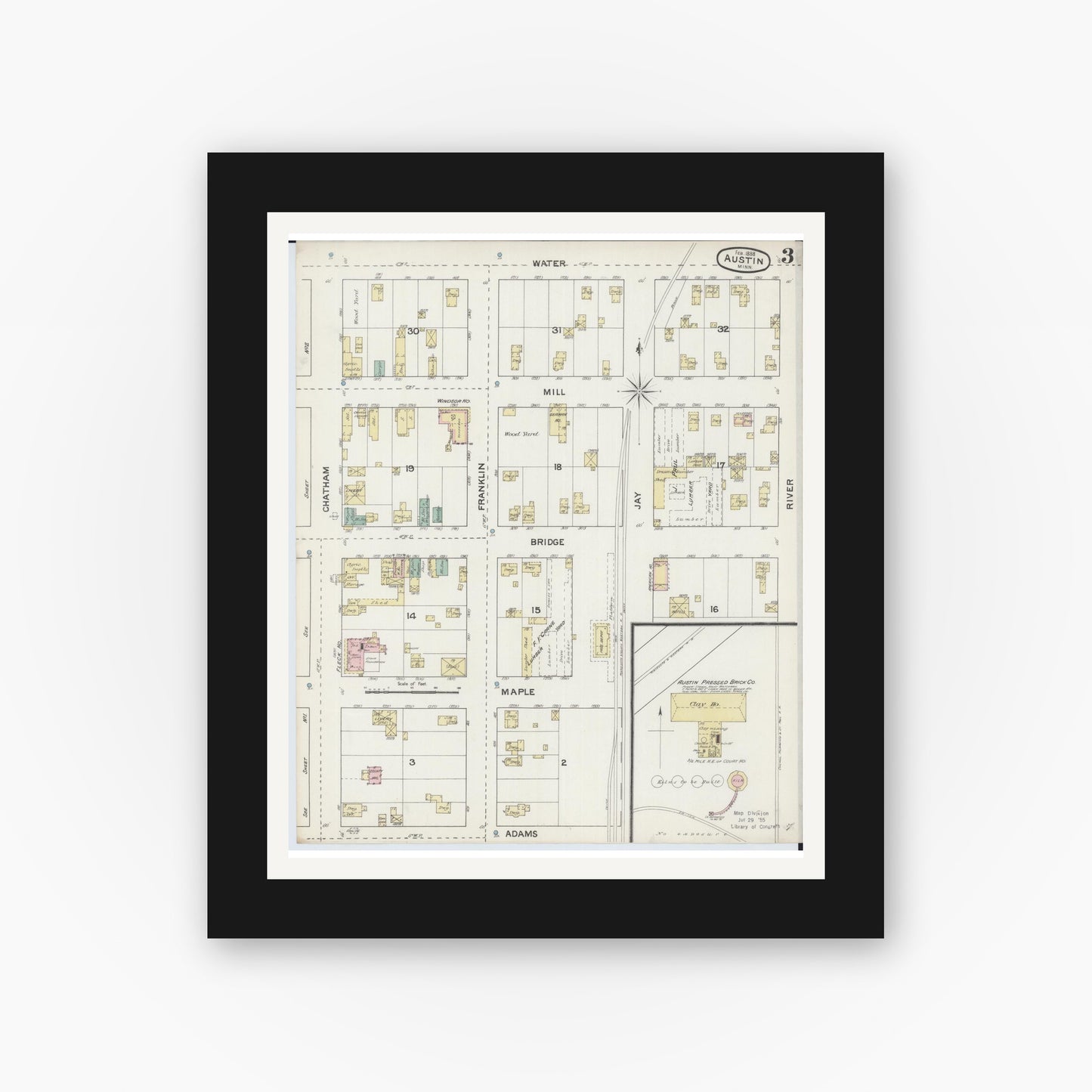 Old map wall art mockup — black gallery frame with white mat — Sanborn Fire Insurance Map from Austin, Mower County, Minnesota (1888), Sheet #0003