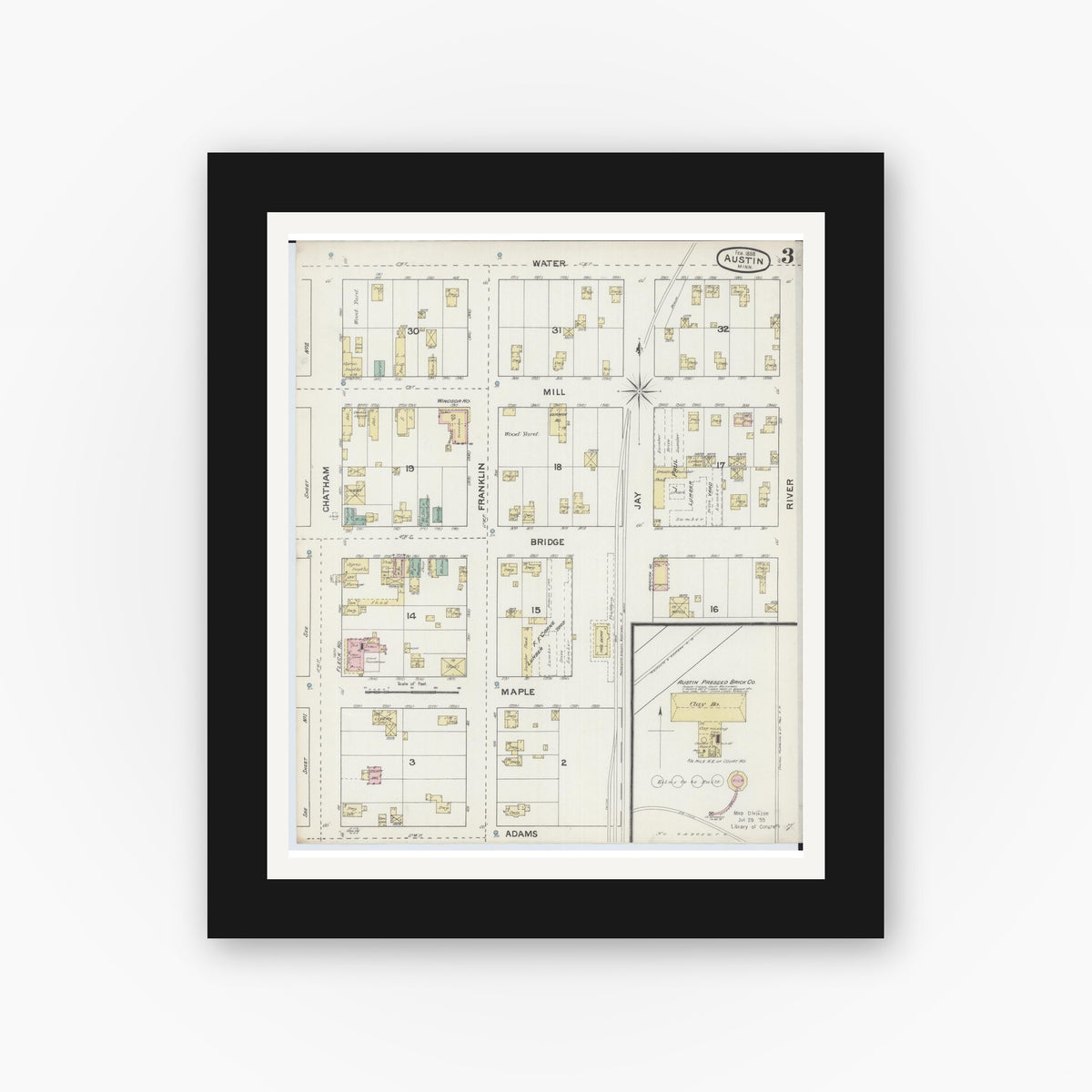 Old map wall art mockup — black gallery frame with white mat — Sanborn Fire Insurance Map from Austin, Mower County, Minnesota (1888), Sheet #0003