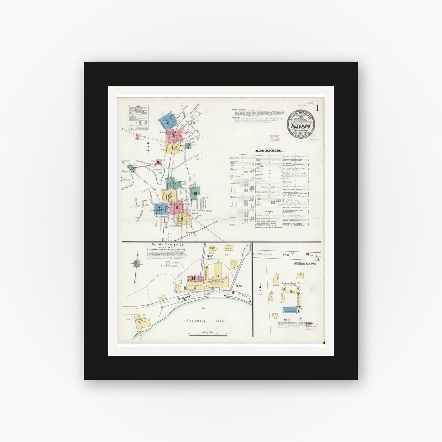 Old map wall art mockup — black gallery frame with white mat — Sanborn Fire Insurance Map from Needham, Norfolk County, Massachusetts (1912) - Complete Map Set