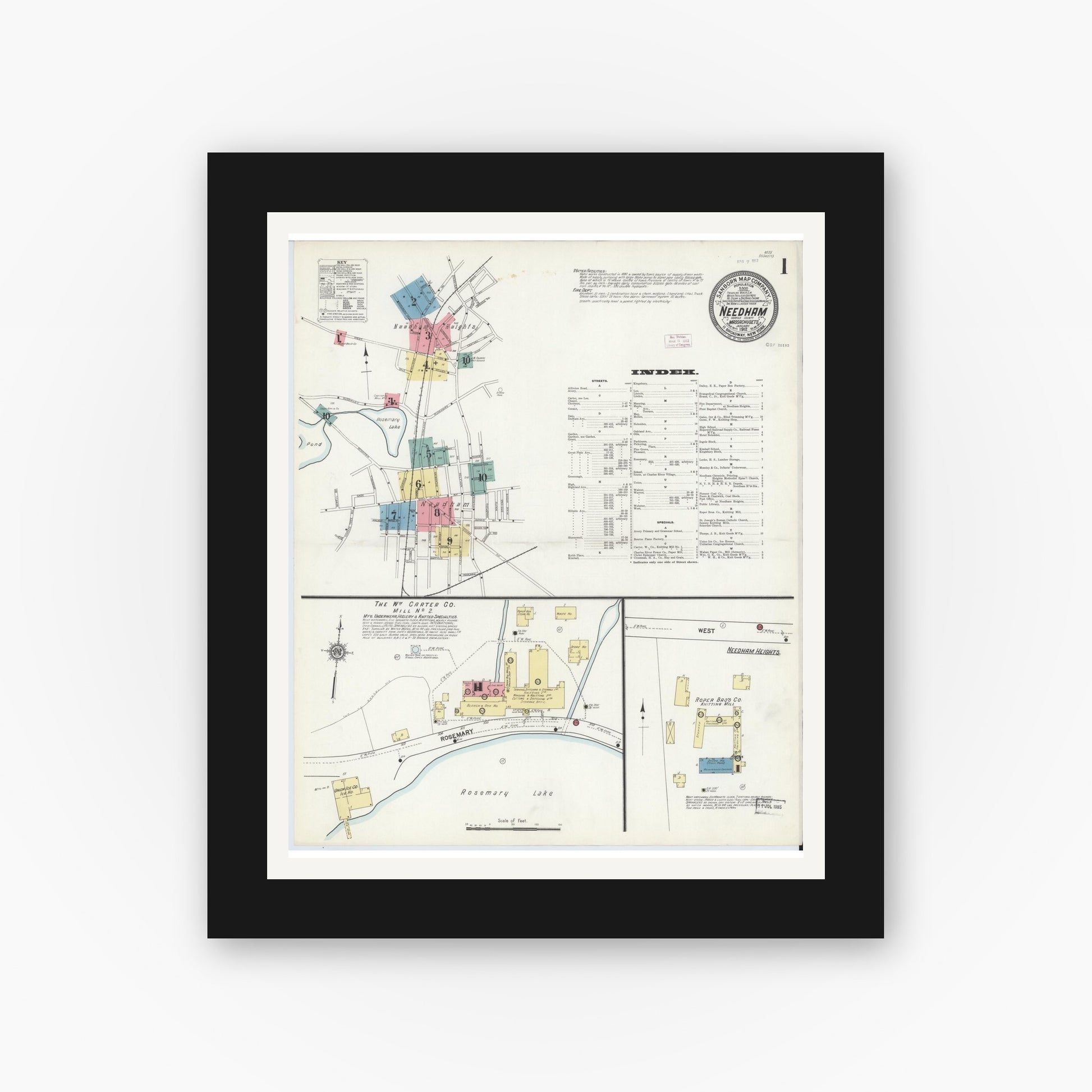 Old map wall art mockup — black gallery frame with white mat — Sanborn Fire Insurance Map from Needham, Norfolk County, Massachusetts (1912) - Complete Map Set