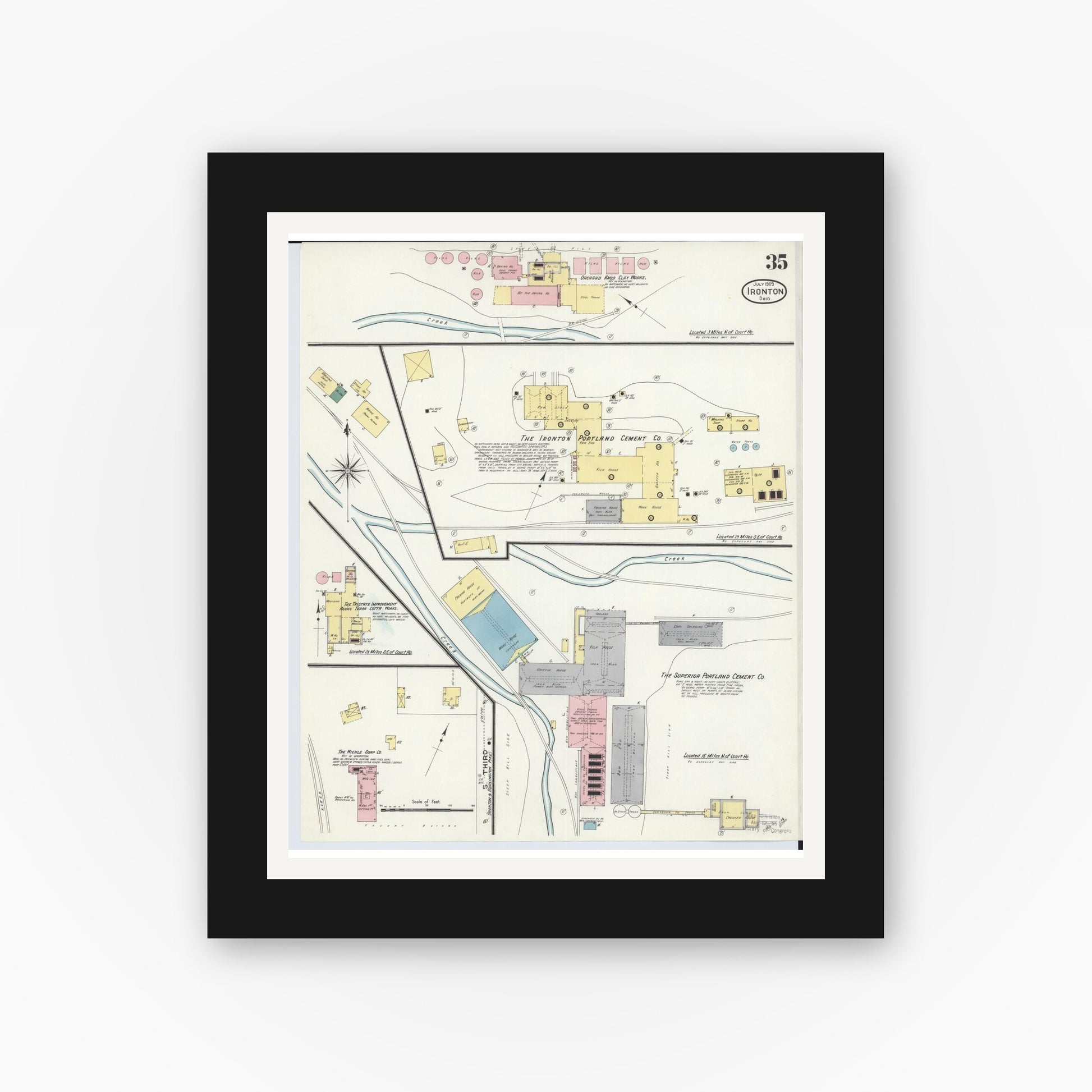 Old map wall art mockup — black gallery frame with white mat — Sanborn Fire Insurance Map from Ironton, Lawrence County, Ohio (1909), Sheet #0035