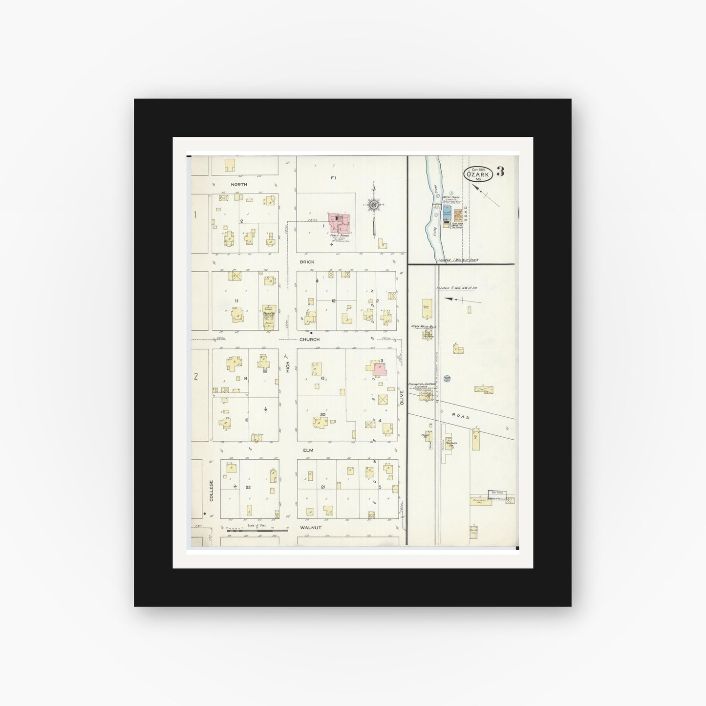 Old map wall art mockup — black gallery frame with white mat — Sanborn Fire Insurance Map from Ozark, Christian County, Missouri (1914), Sheet #0003