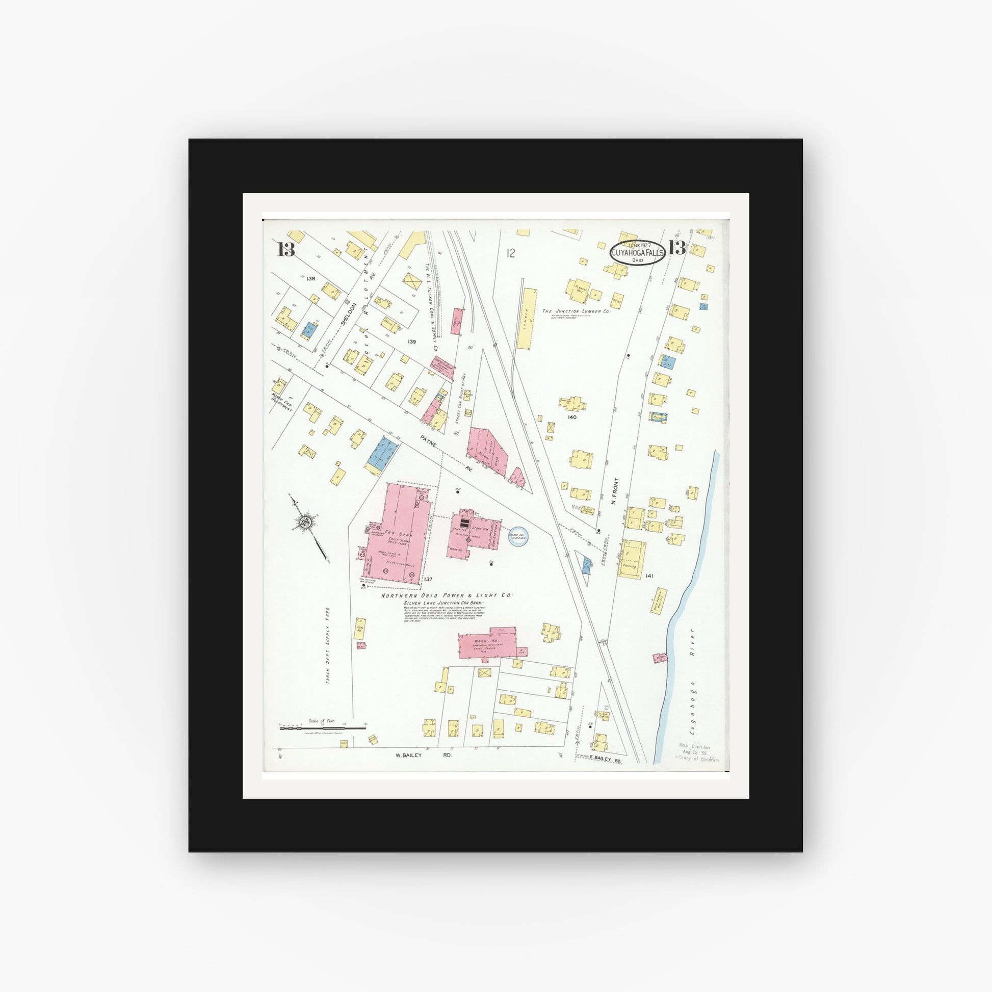 Old map wall art mockup — black gallery frame with white mat — Sanborn Fire Insurance Map from Cuyahoga Falls, Summit County, Ohio (1927), Sheet #0013