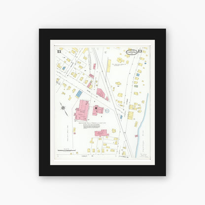 Old map wall art mockup — black gallery frame with white mat — Sanborn Fire Insurance Map from Cuyahoga Falls, Summit County, Ohio (1927), Sheet #0013