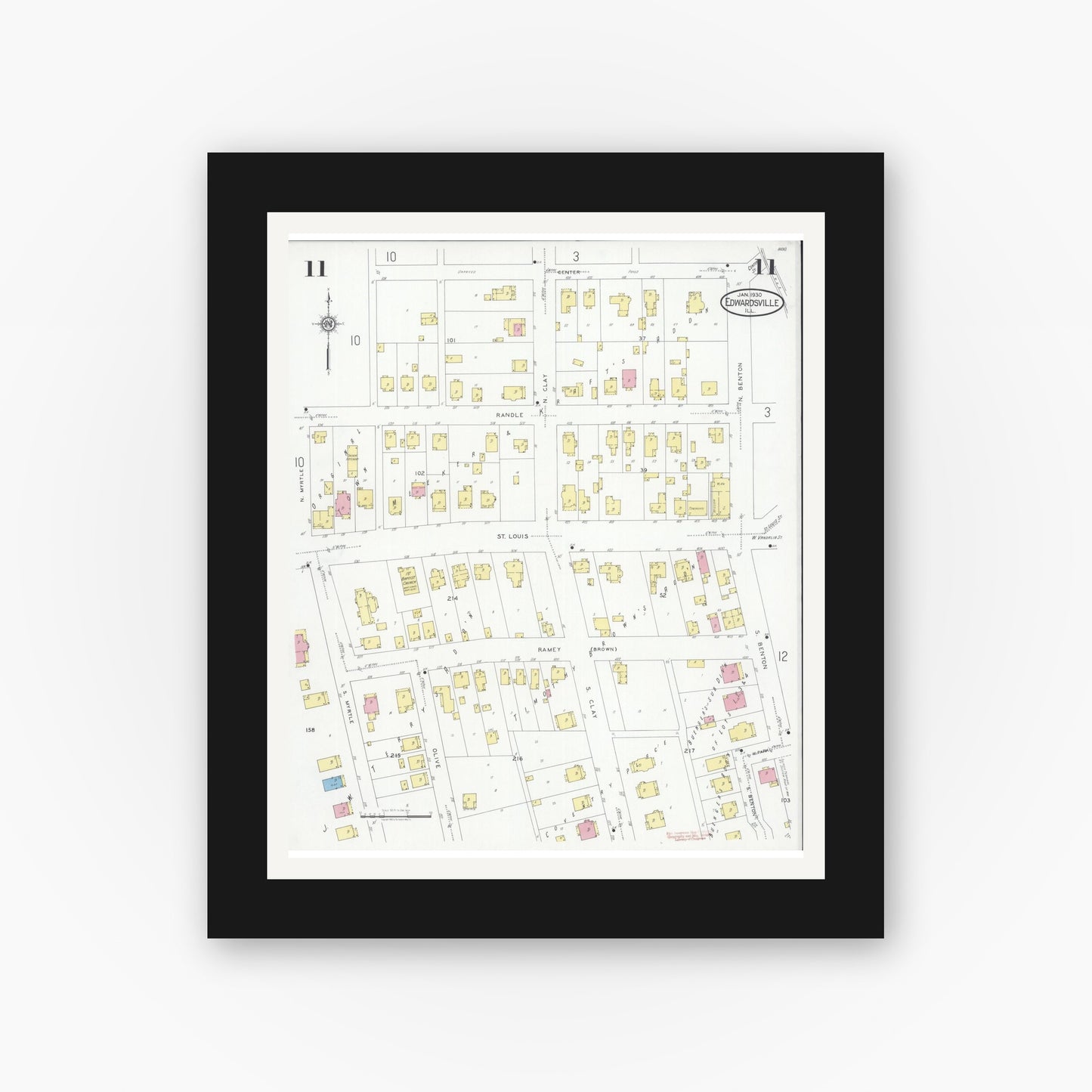 Old map wall art mockup — black gallery frame with white mat — Sanborn Fire Insurance Map from Edwardsville, Madison County, Illinois (1930), Sheet #0011
