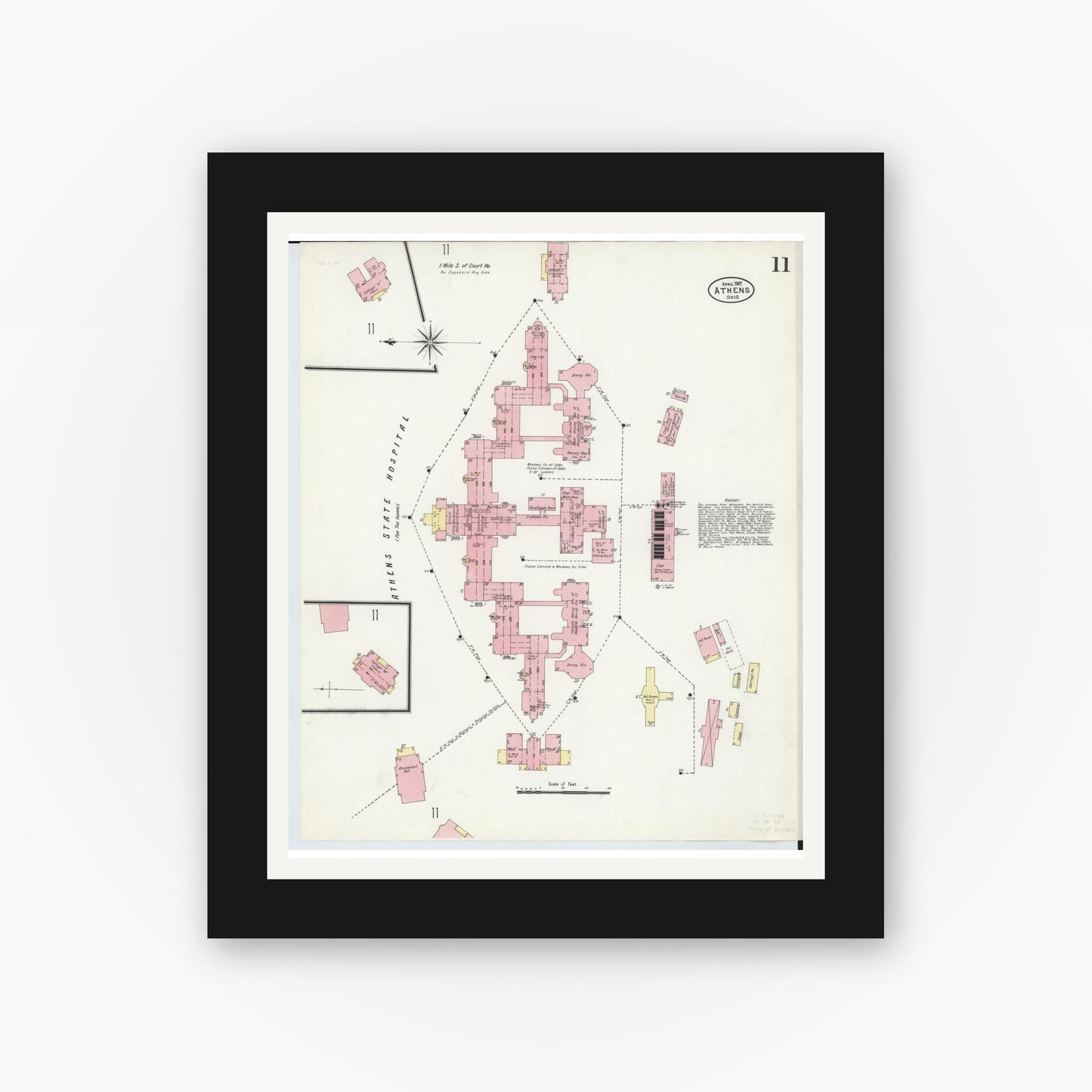 Old map wall art mockup — black gallery frame with white mat — Sanborn Fire Insurance Map from Athens, Athens County, Ohio (1907), Sheet #0011
