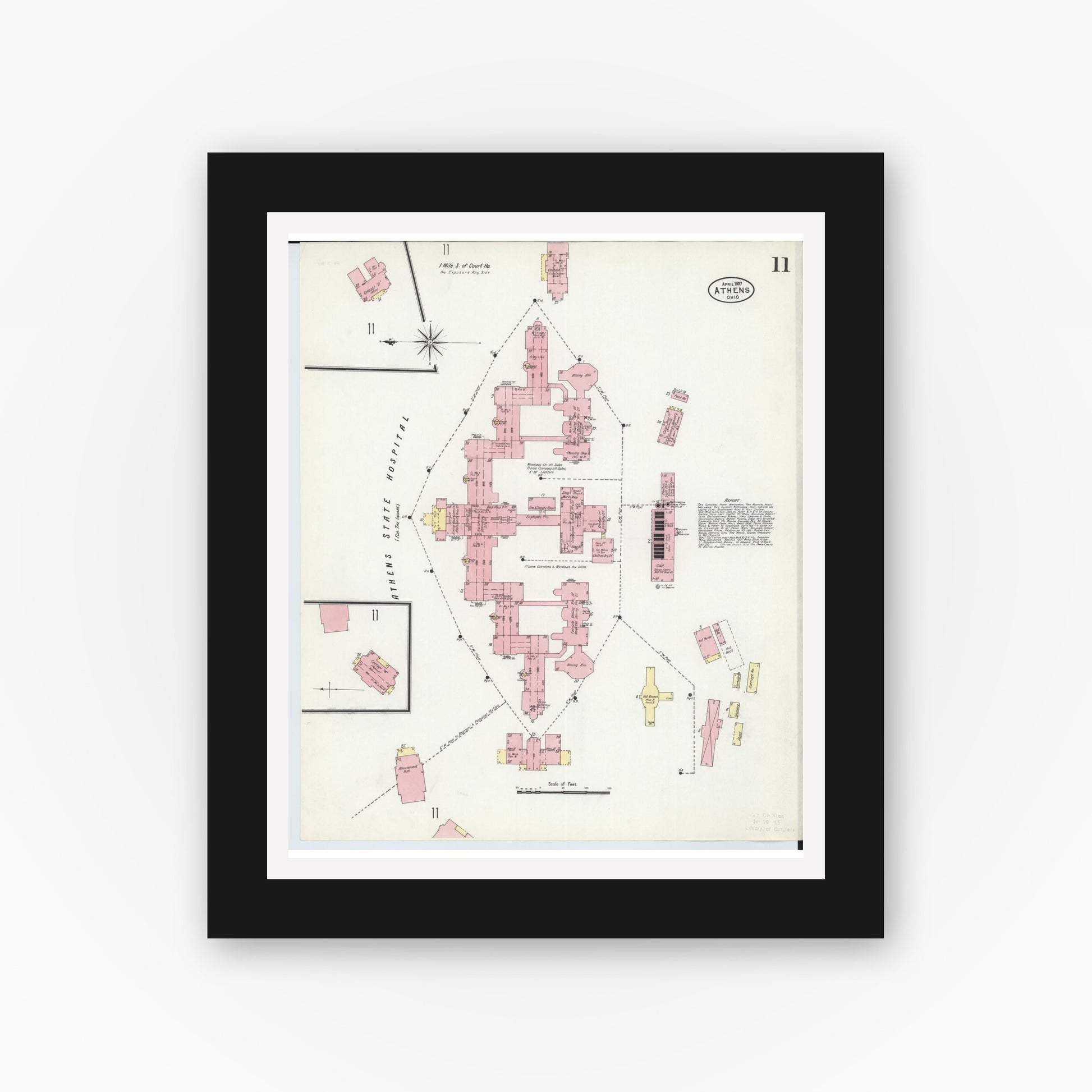 Old map wall art mockup — black gallery frame with white mat — Sanborn Fire Insurance Map from Athens, Athens County, Ohio (1907), Sheet #0011