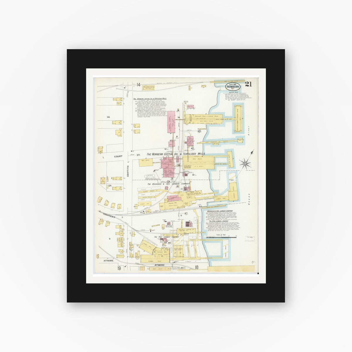 Old map wall art mockup — black gallery frame with white mat — Sanborn Fire Insurance Map from New Bern, Craven County, North Carolina (1908), Sheet #0021