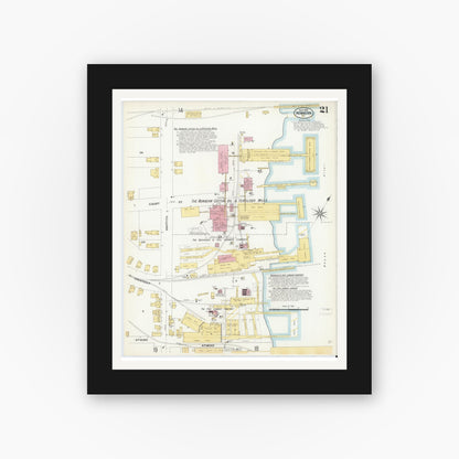 Old map wall art mockup — black gallery frame with white mat — Sanborn Fire Insurance Map from New Bern, Craven County, North Carolina (1908), Sheet #0021