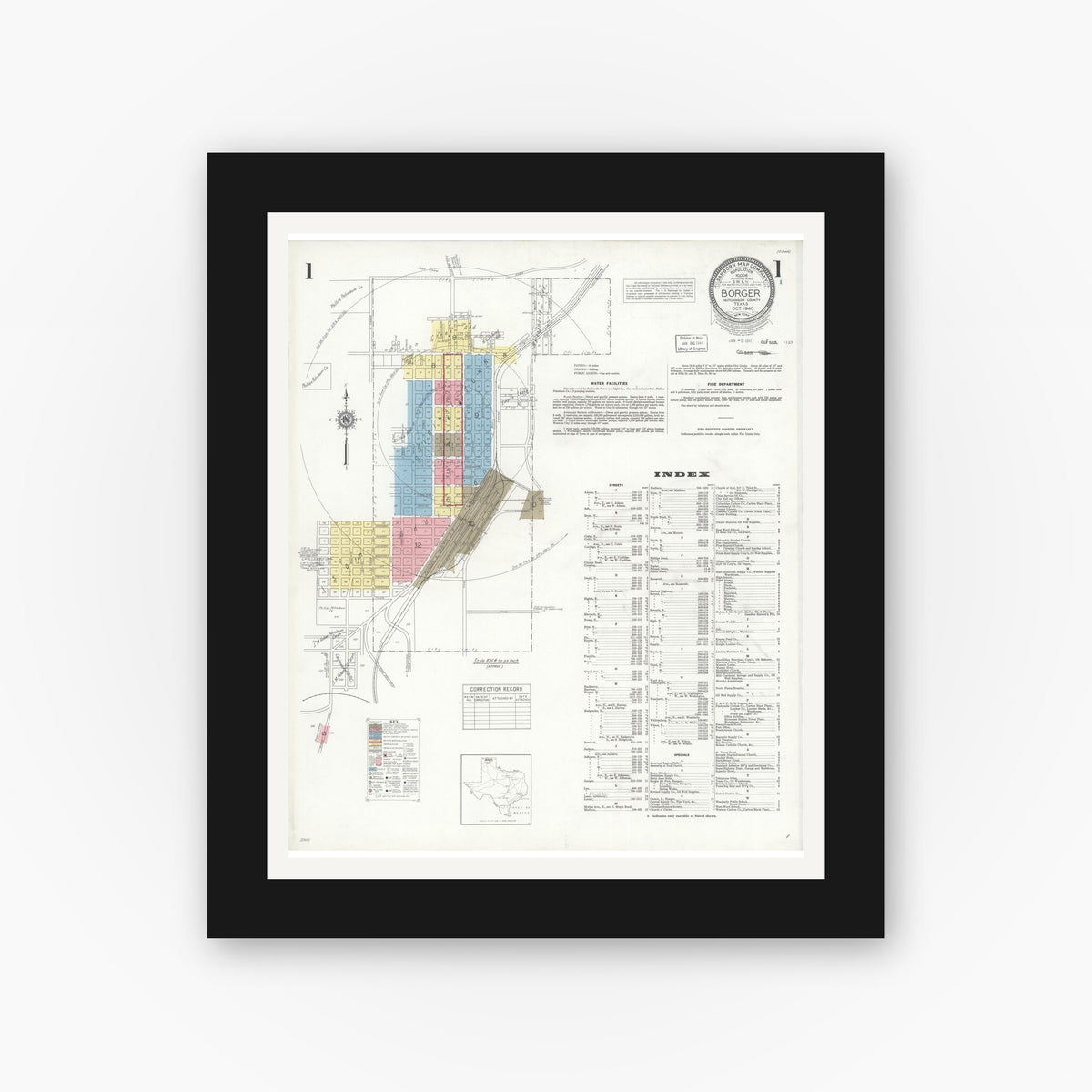 Old map wall art mockup — black gallery frame with white mat — Sanborn Fire Insurance Map from Borger, Hutchinson County, Texas (1940) - Complete Map Set