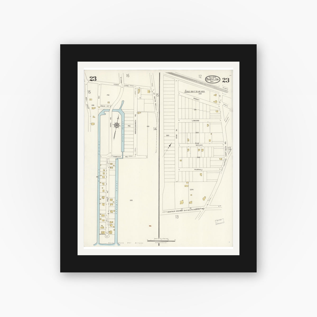 Old map wall art mockup — black gallery frame with white mat — Sanborn Fire Insurance Map from Babylon, Suffolk County, New York (1923), Sheet #0023