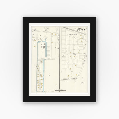 Old map wall art mockup — black gallery frame with white mat — Sanborn Fire Insurance Map from Babylon, Suffolk County, New York (1923), Sheet #0023