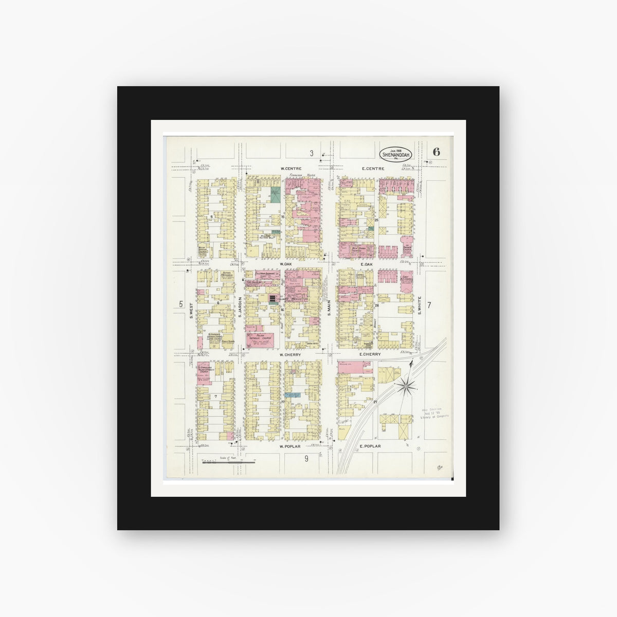 Old map wall art mockup — black gallery frame with white mat — Sanborn Fire Insurance Map from Shenandoah, Schuylkill County, Pennsylvania (1908), Sheet #0006