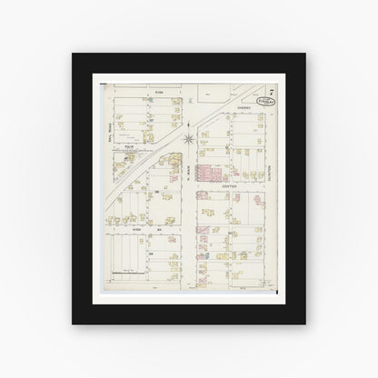 Old map wall art mockup — black gallery frame with white mat — Sanborn Fire Insurance Map from Findlay, Hancock County, Ohio (1887), Sheet #0007