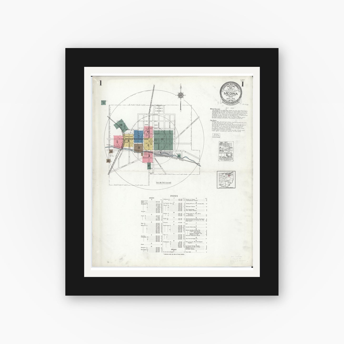 Old map wall art mockup — black gallery frame with white mat — Sanborn Fire Insurance Map from Medina, Medina County, Ohio (1923) - Complete Map Set