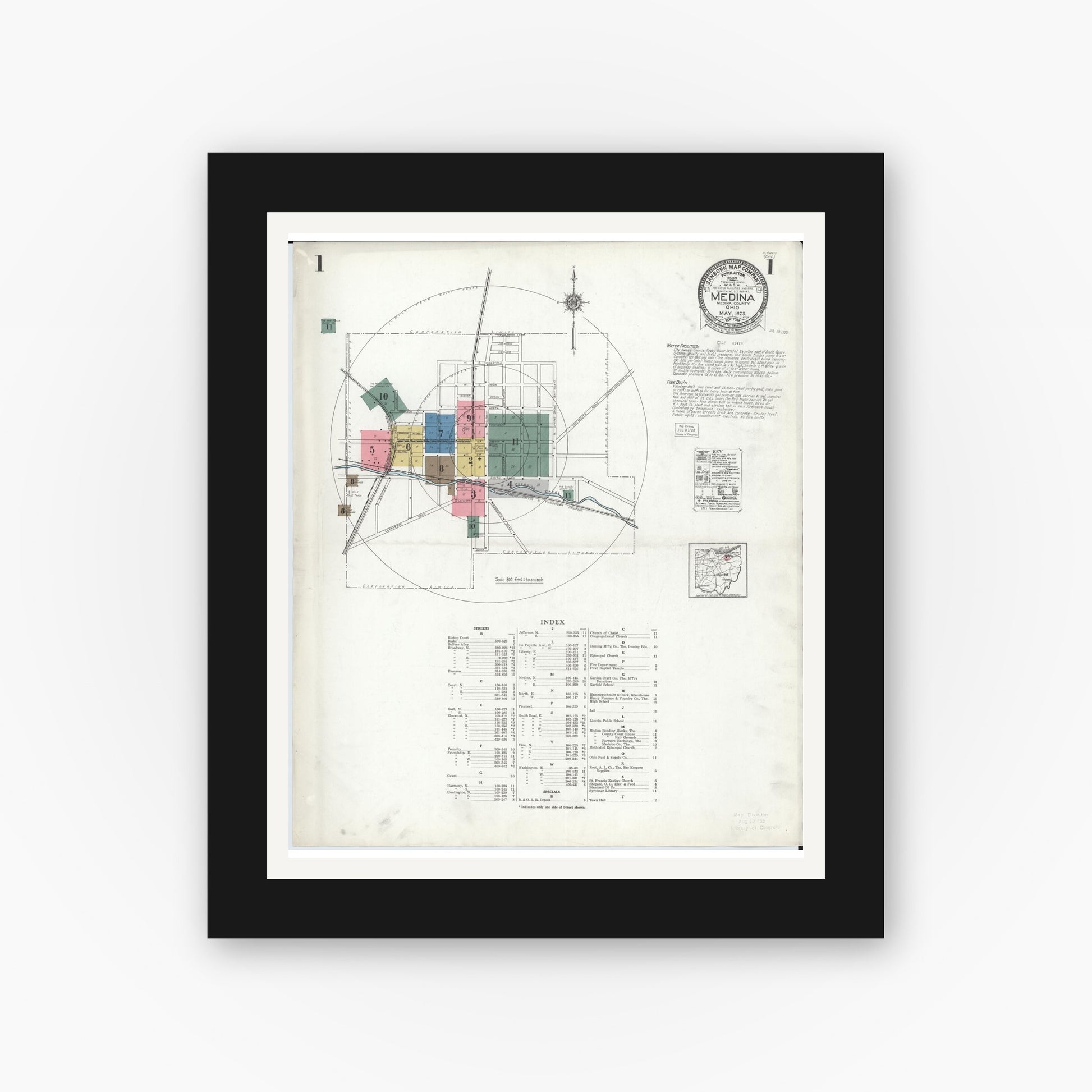 Old map wall art mockup — black gallery frame with white mat — Sanborn Fire Insurance Map from Medina, Medina County, Ohio (1923) - Complete Map Set