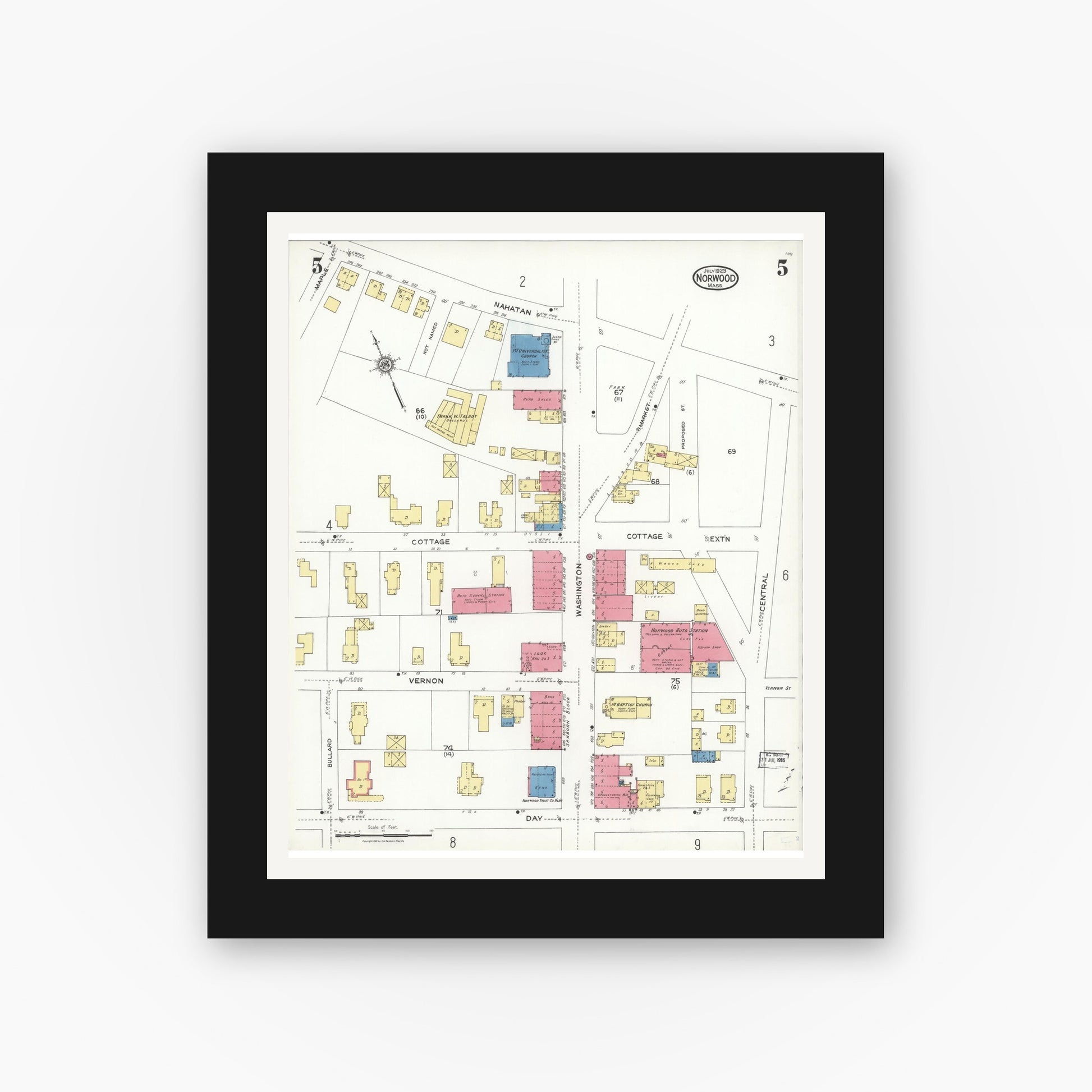 Old map wall art mockup — black gallery frame with white mat — Sanborn Fire Insurance Map from Norwood, Norfolk County, Massachusetts (1923), Sheet #0005