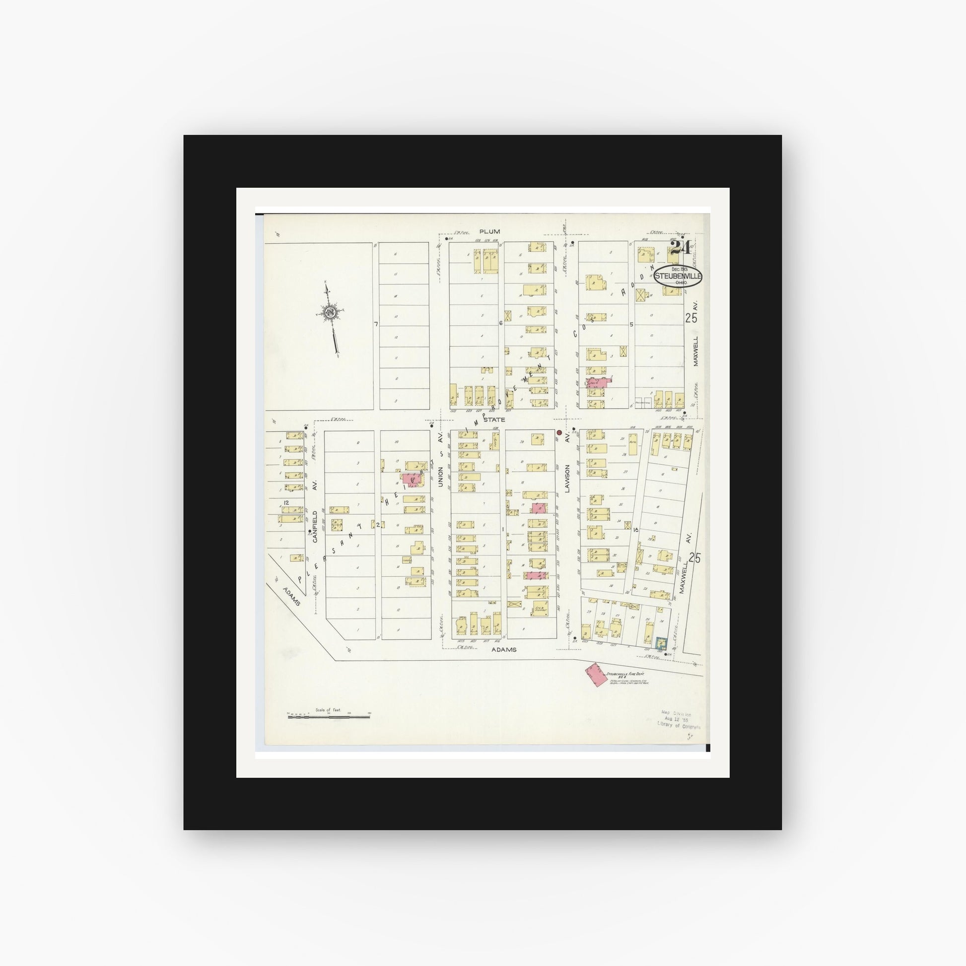 Old map wall art mockup — black gallery frame with white mat — Sanborn Fire Insurance Map from Steubenville, Jefferson County, Ohio (1913), Sheet #0024