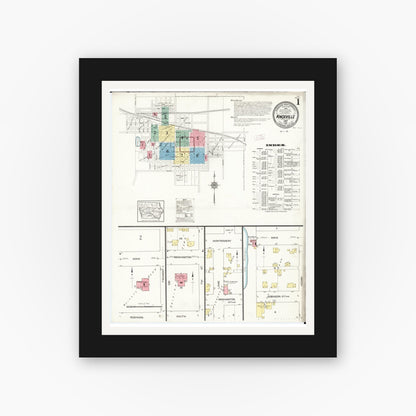 Old map wall art mockup — black gallery frame with white mat — Sanborn Fire Insurance Map from Knoxville, Marion County, Iowa (1913) â€” Complete Set