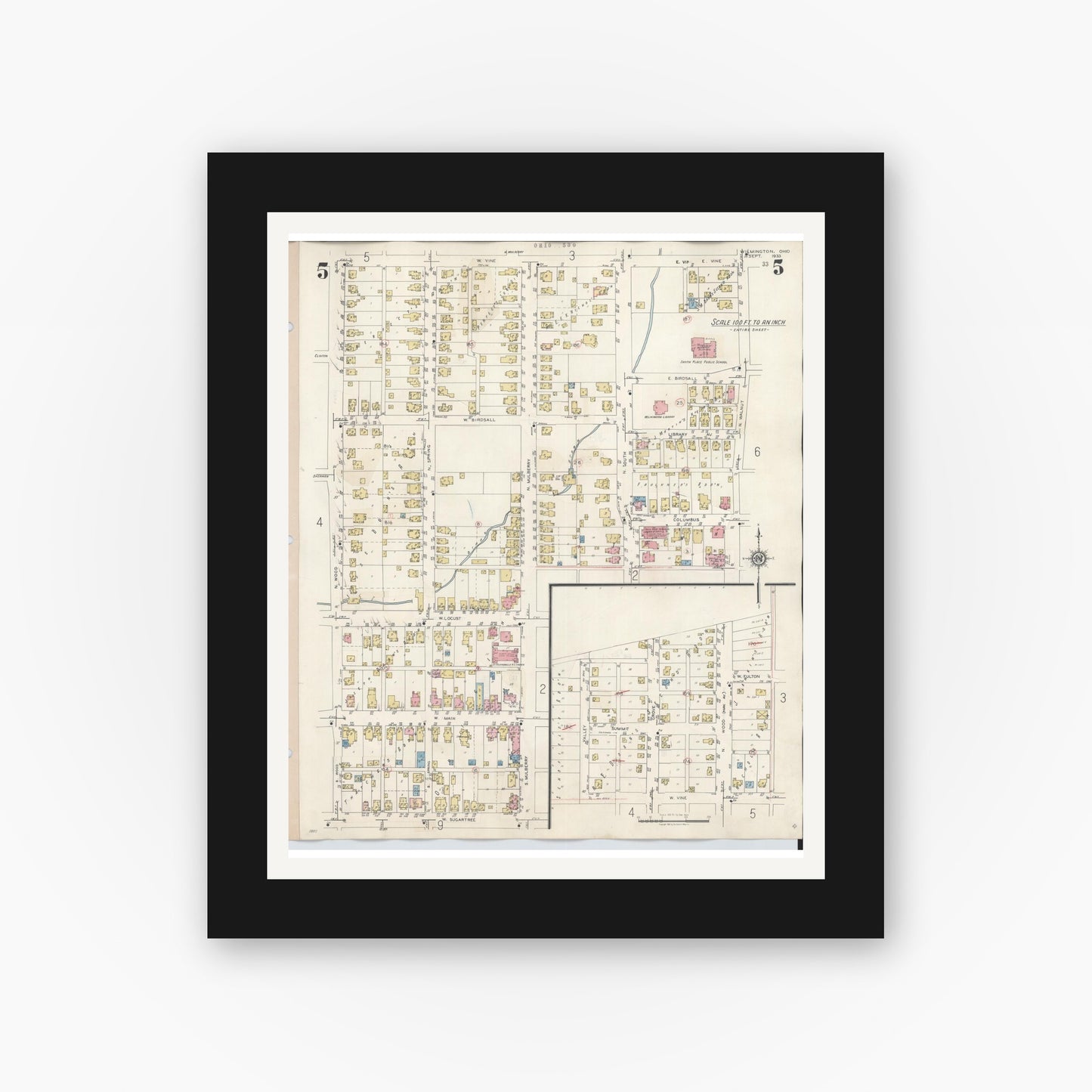 Old map wall art mockup — black gallery frame with white mat — Sanborn Fire Insurance Map from Wilmington, Clinton County, Ohio (1949), Sheet #0005