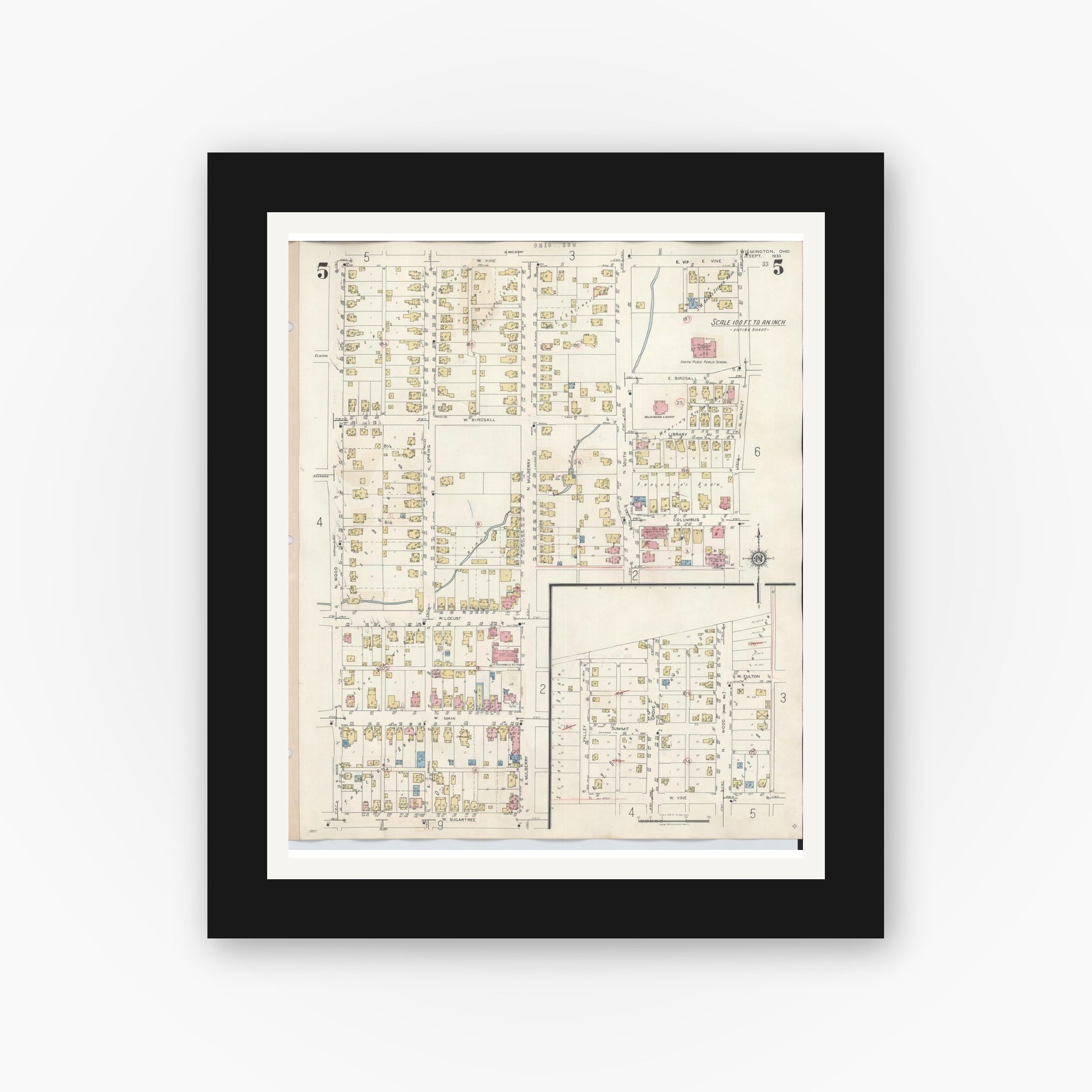 Old map wall art mockup — black gallery frame with white mat — Sanborn Fire Insurance Map from Wilmington, Clinton County, Ohio (1949), Sheet #0005