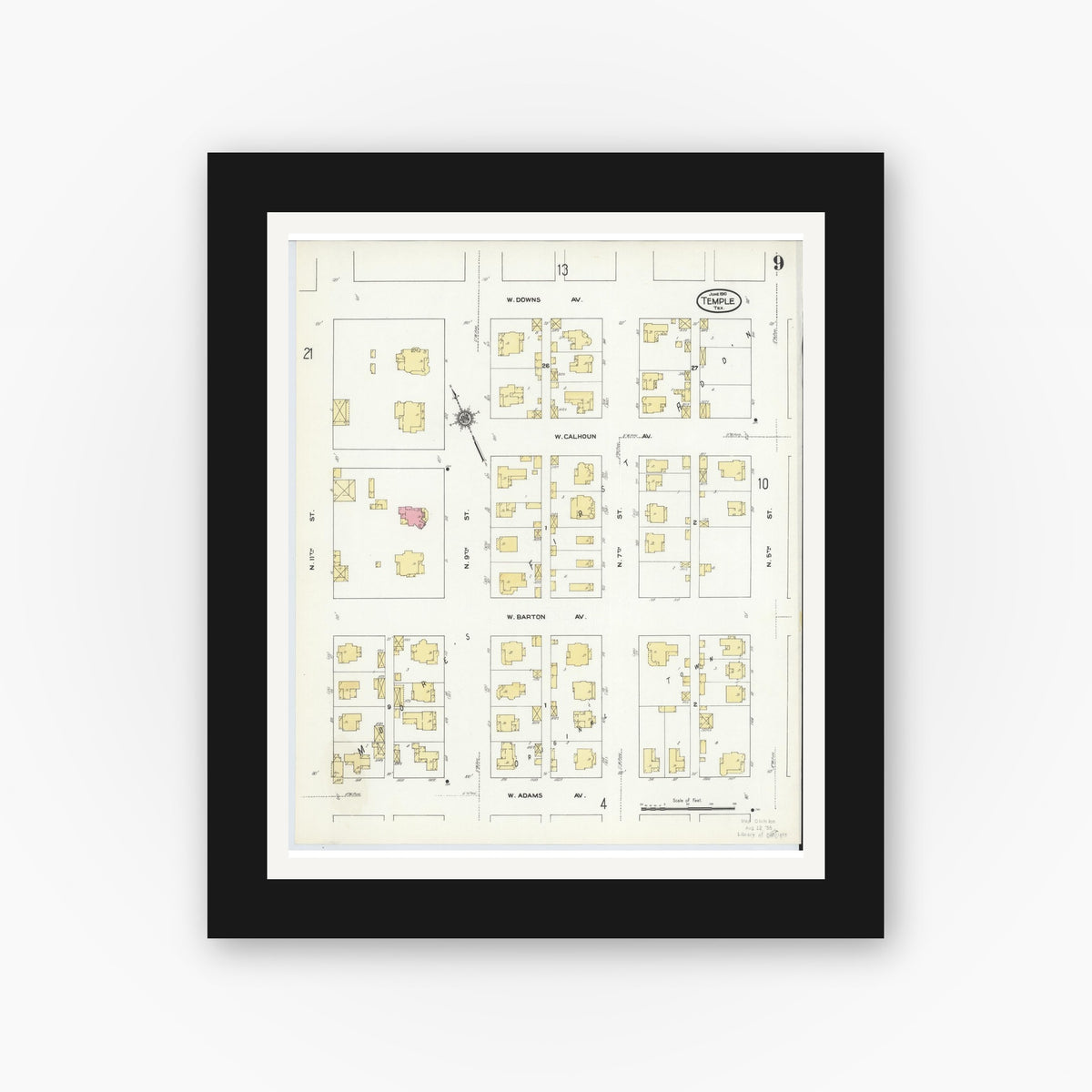 Old map wall art mockup — black gallery frame with white mat — Sanborn Fire Insurance Map from Temple, Bell County, Texas (1910), Sheet #0009
