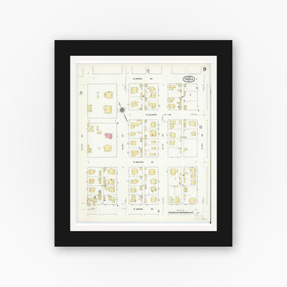 Old map wall art mockup — black gallery frame with white mat — Sanborn Fire Insurance Map from Temple, Bell County, Texas (1910), Sheet #0009