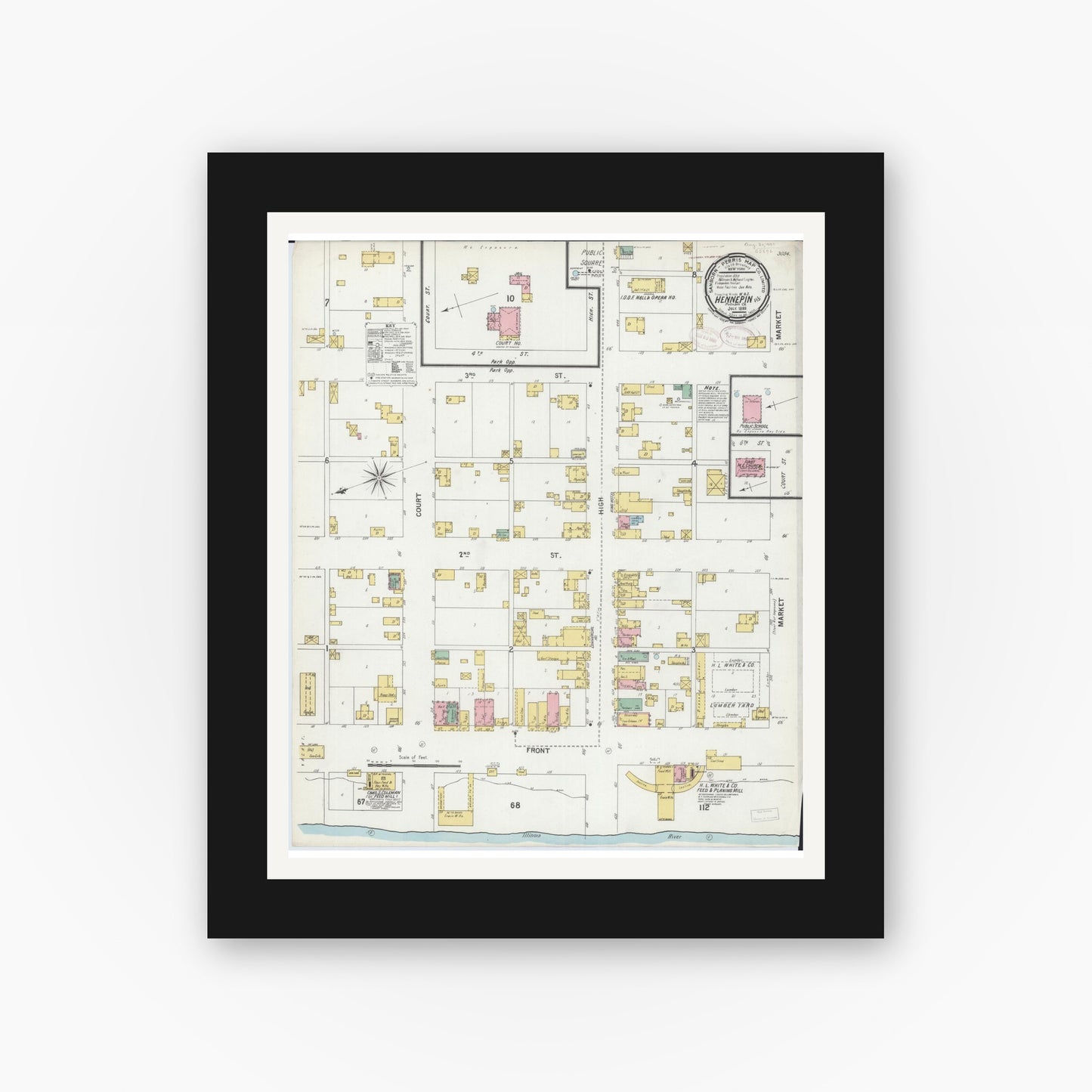 Old map wall art mockup — black gallery frame with white mat — Sanborn Fire Insurance Map from Hennepin, Putnam County, Illinois (1899), Sheet #0001