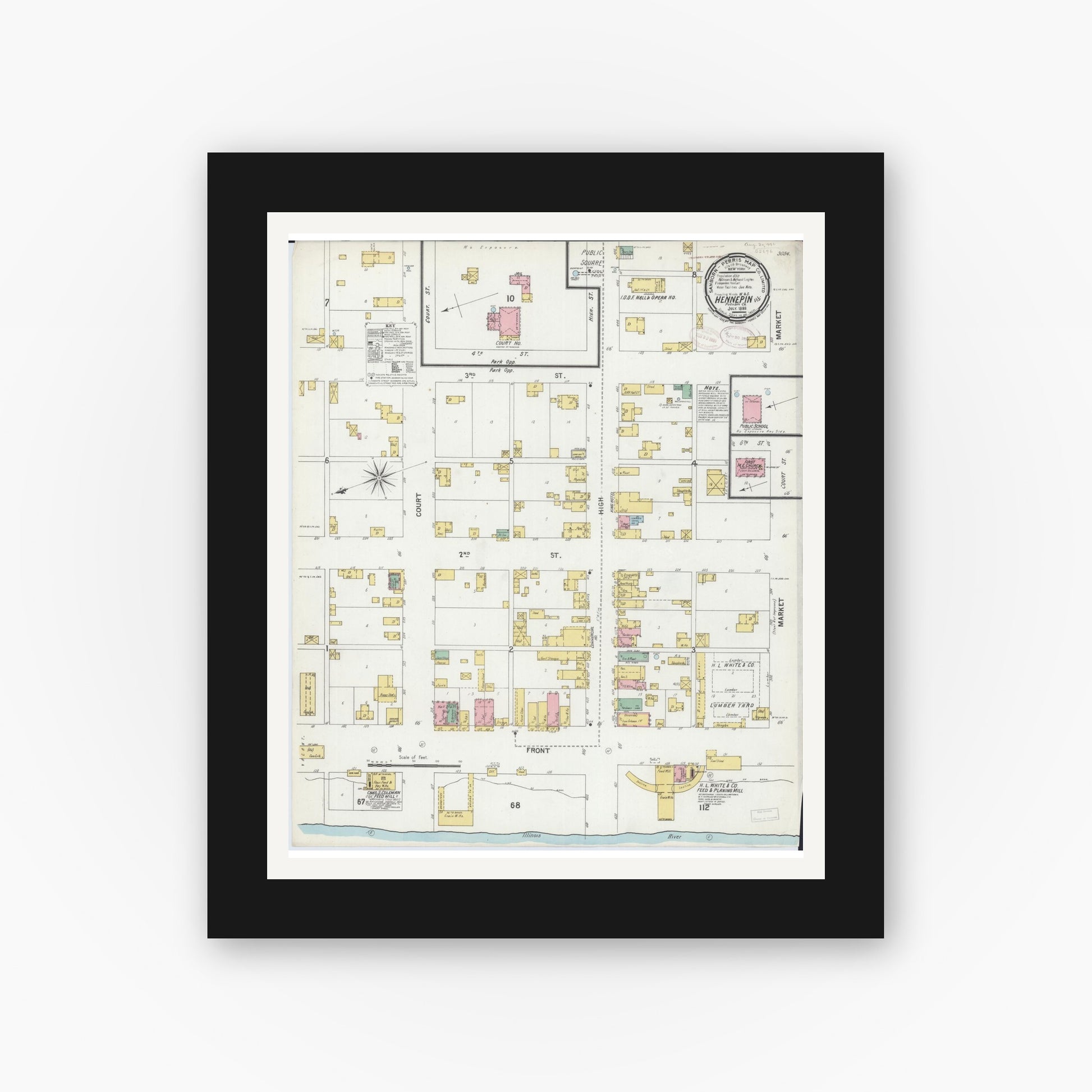 Old map wall art mockup — black gallery frame with white mat — Sanborn Fire Insurance Map from Hennepin, Putnam County, Illinois (1899), Sheet #0001