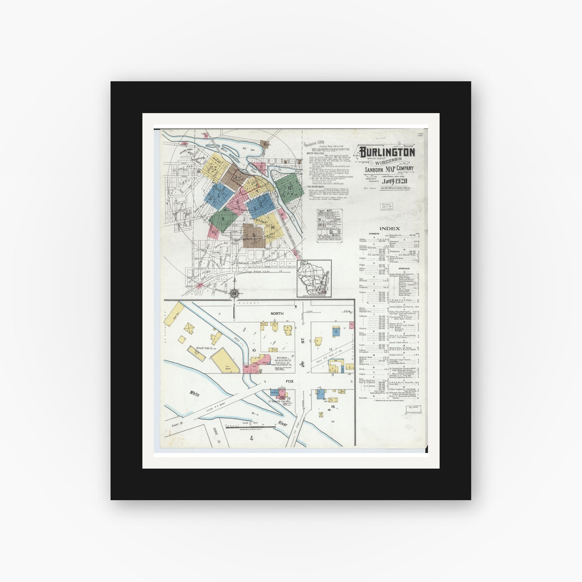 Old map wall art mockup — black gallery frame with white mat — Sanborn Fire Insurance Map from Burlington, Racine County, Wisconsin (1920), Sheet #0001
