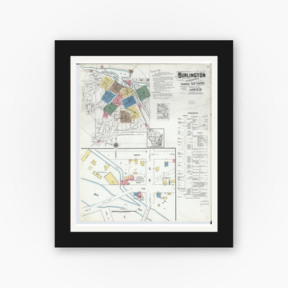 Old map wall art mockup — black gallery frame with white mat — Sanborn Fire Insurance Map from Burlington, Racine County, Wisconsin (1920), Sheet #0001
