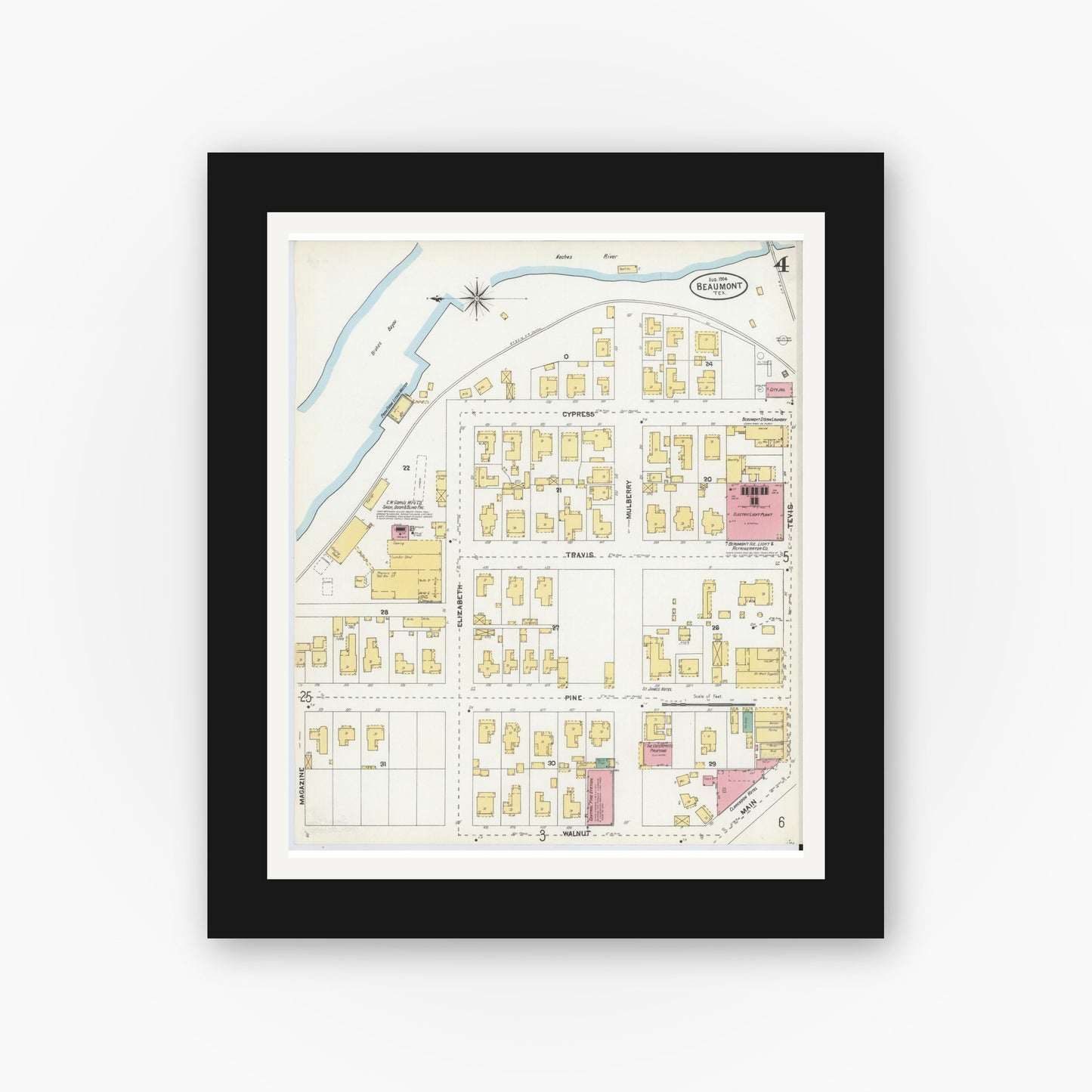 Old map wall art mockup — black gallery frame with white mat — Sanborn Fire Insurance Map from Beaumont, Jefferson County, Texas (1904), Sheet #0004