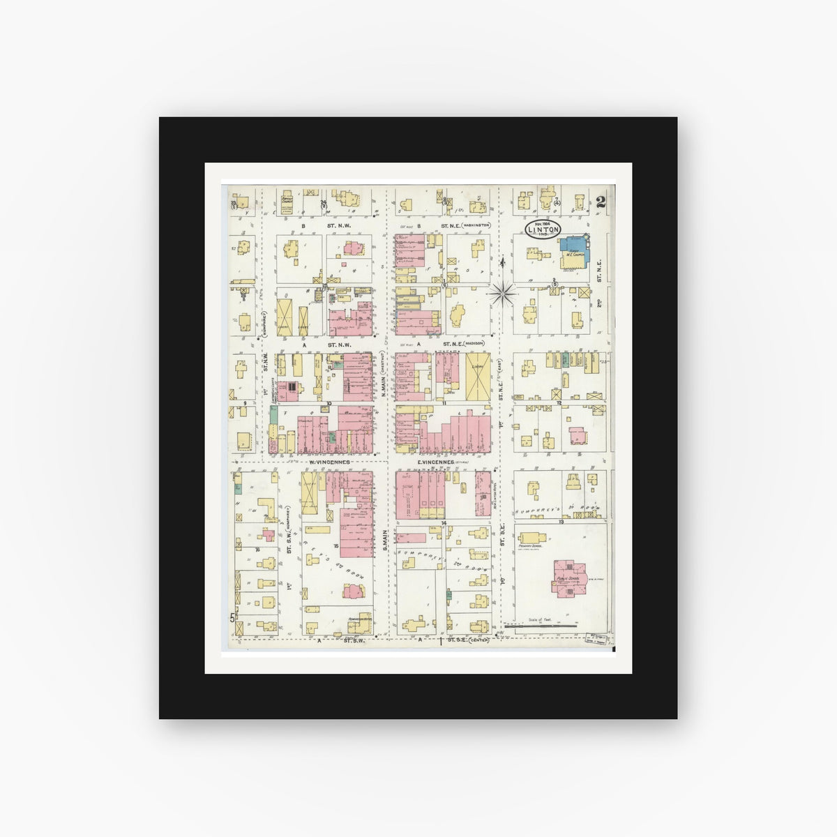 Old map wall art mockup — black gallery frame with white mat — Sanborn Fire Insurance Map from Linton, Greene County, Indiana (1904), Sheet #0002