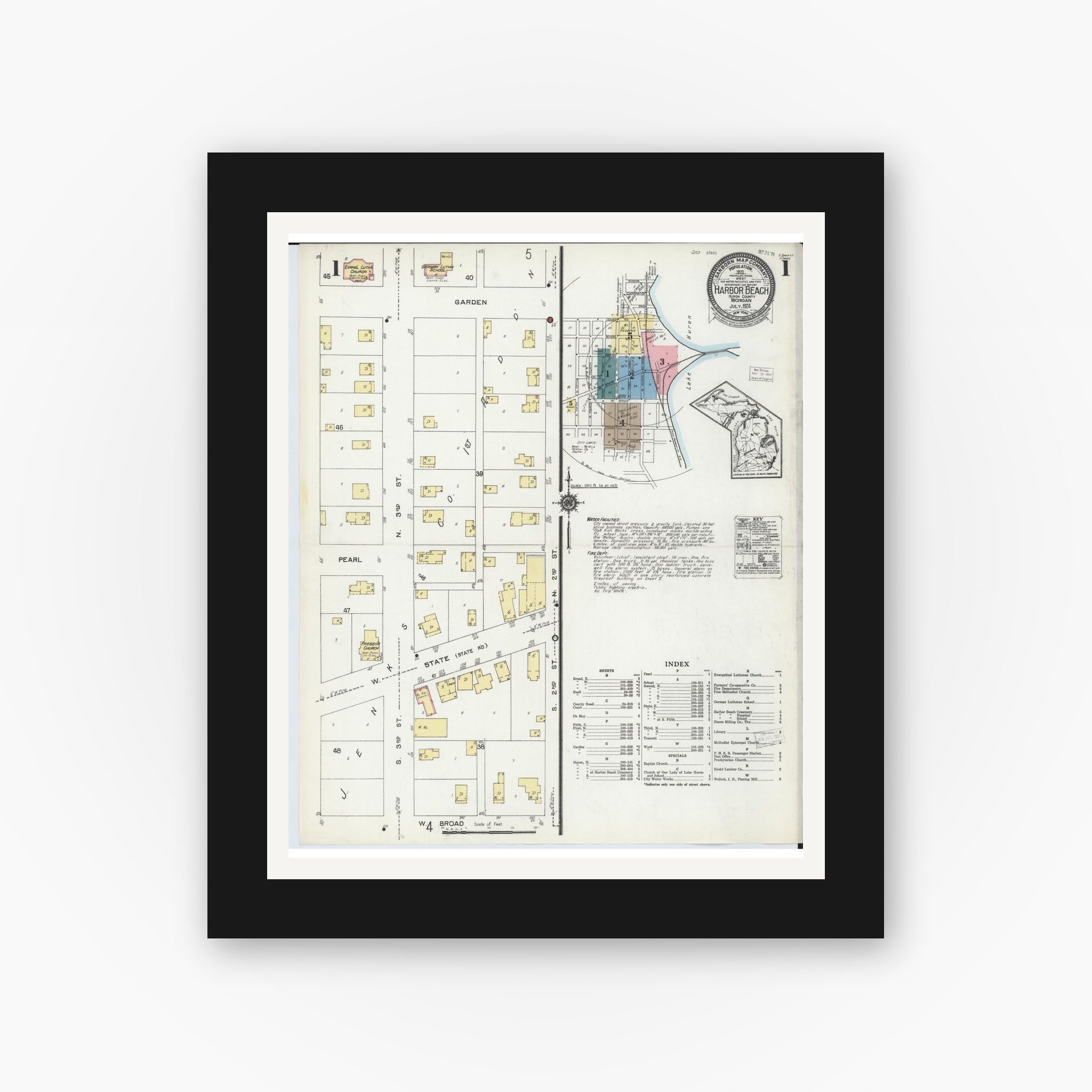 Old map wall art mockup — black gallery frame with white mat — Sanborn Fire Insurance Map from Harbor Beach, Huron County, Michigan (1924) - Complete Map Set