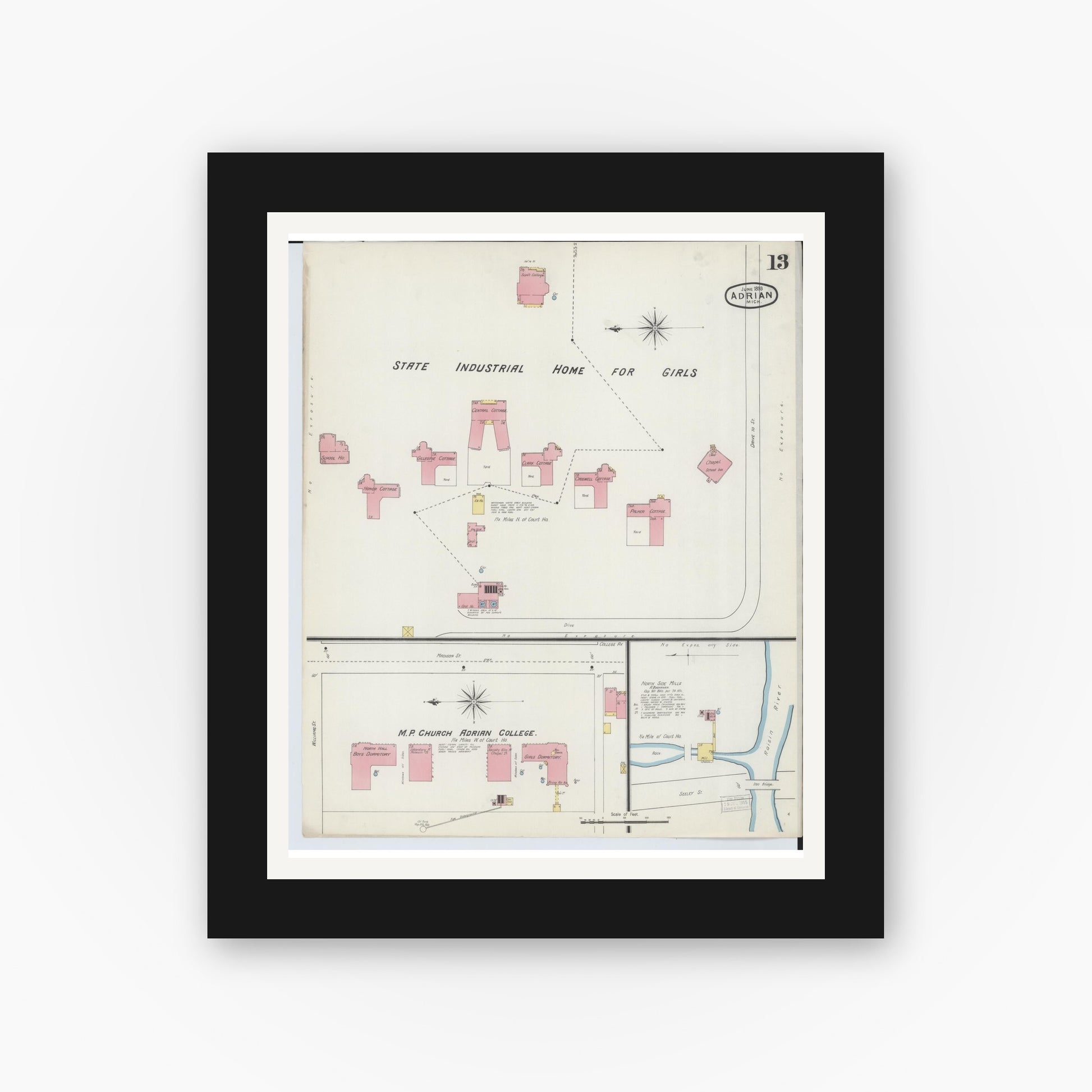 Old map wall art mockup — black gallery frame with white mat — Sanborn Fire Insurance Map from Adrian, Lenawee County, Michigan (1893), Sheet #0013