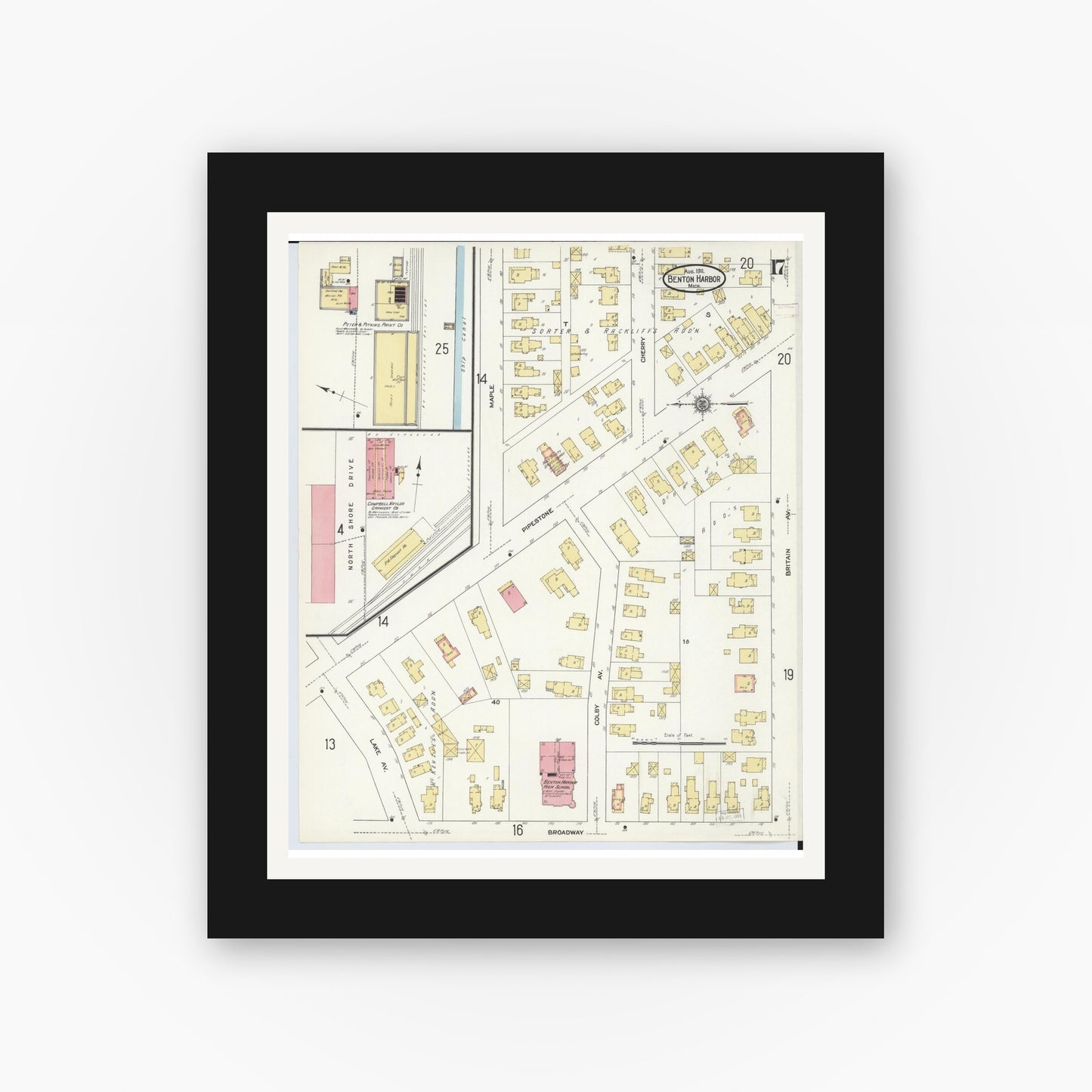Old map wall art mockup — black gallery frame with white mat — Sanborn Fire Insurance Map from Benton Harbor, Berrien County, Michigan (1911), Sheet #0017