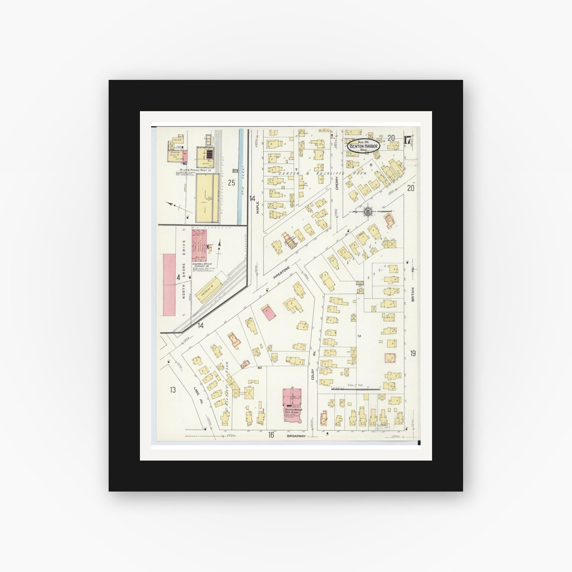 Old map wall art mockup — black gallery frame with white mat — Sanborn Fire Insurance Map from Benton Harbor, Berrien County, Michigan (1911), Sheet #0017