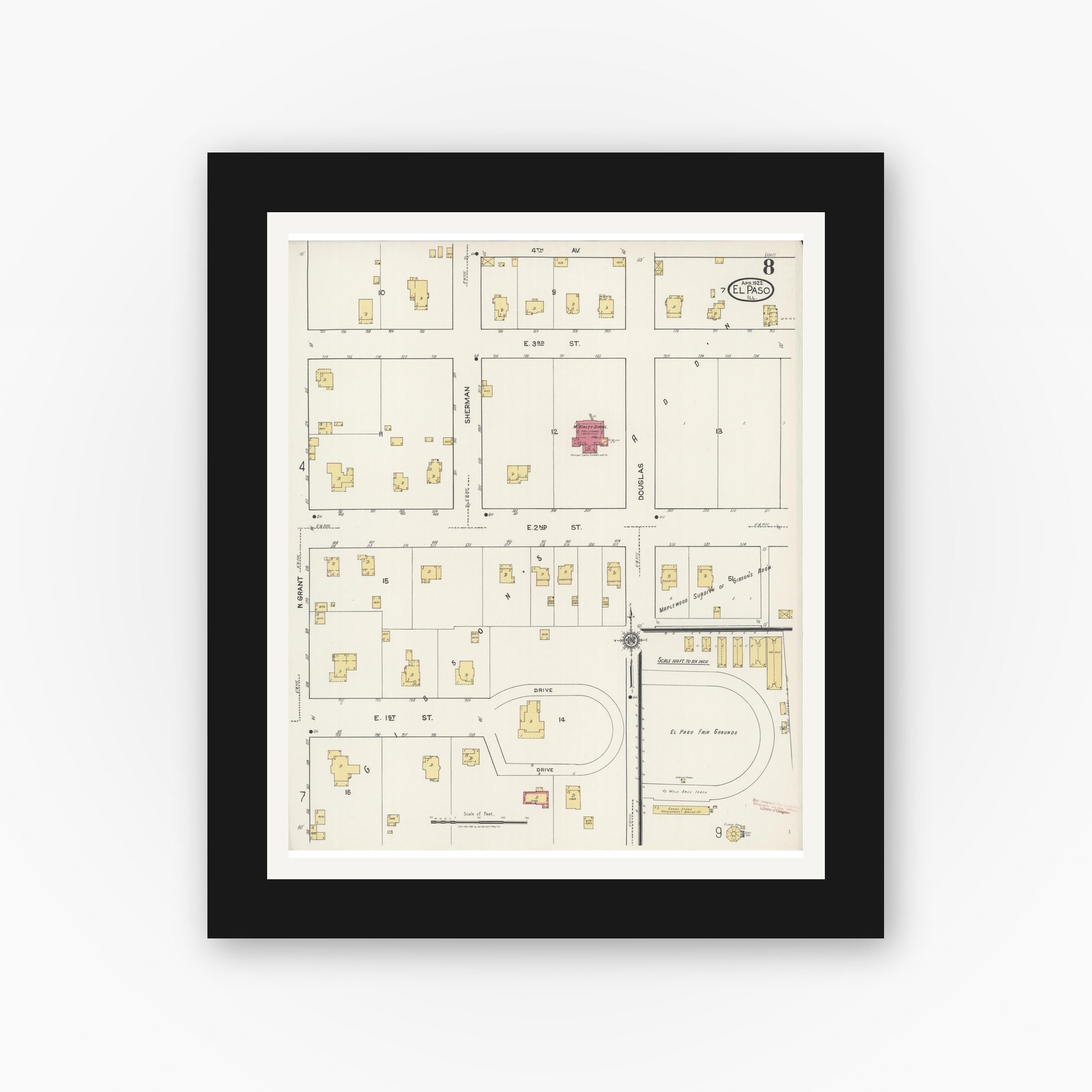 Old map wall art mockup — black gallery frame with white mat — Sanborn Fire Insurance Map from El Paso, Woodford County, Illinois (1922), Sheet #0008
