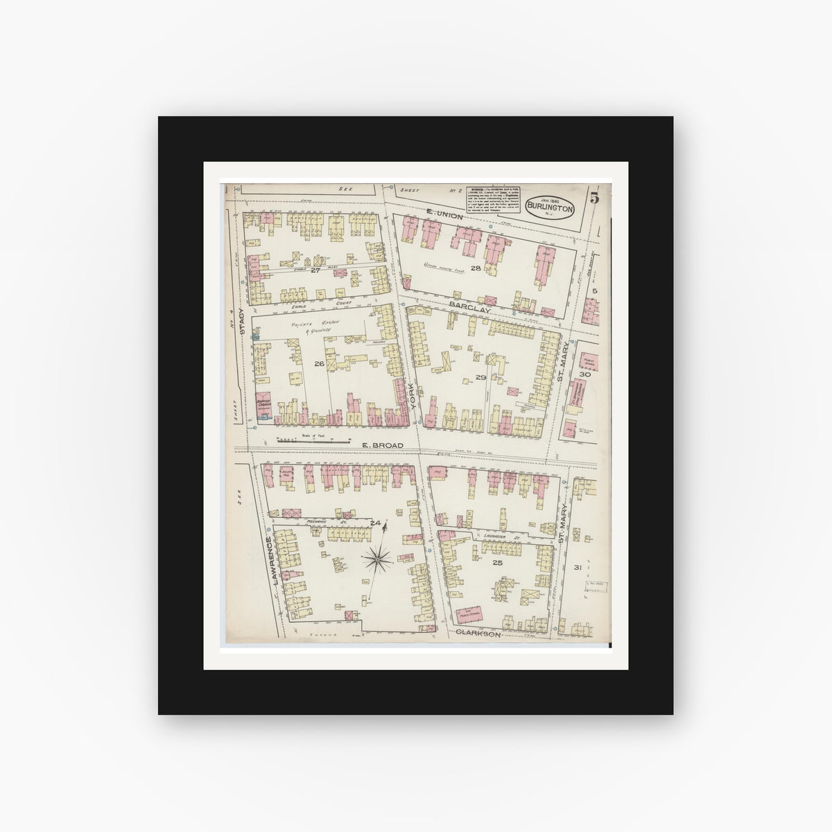 Old map wall art mockup — black gallery frame with white mat — Sanborn Fire Insurance Map from Burlington, Burlington County, New Jersey (1885), Sheet #0005
