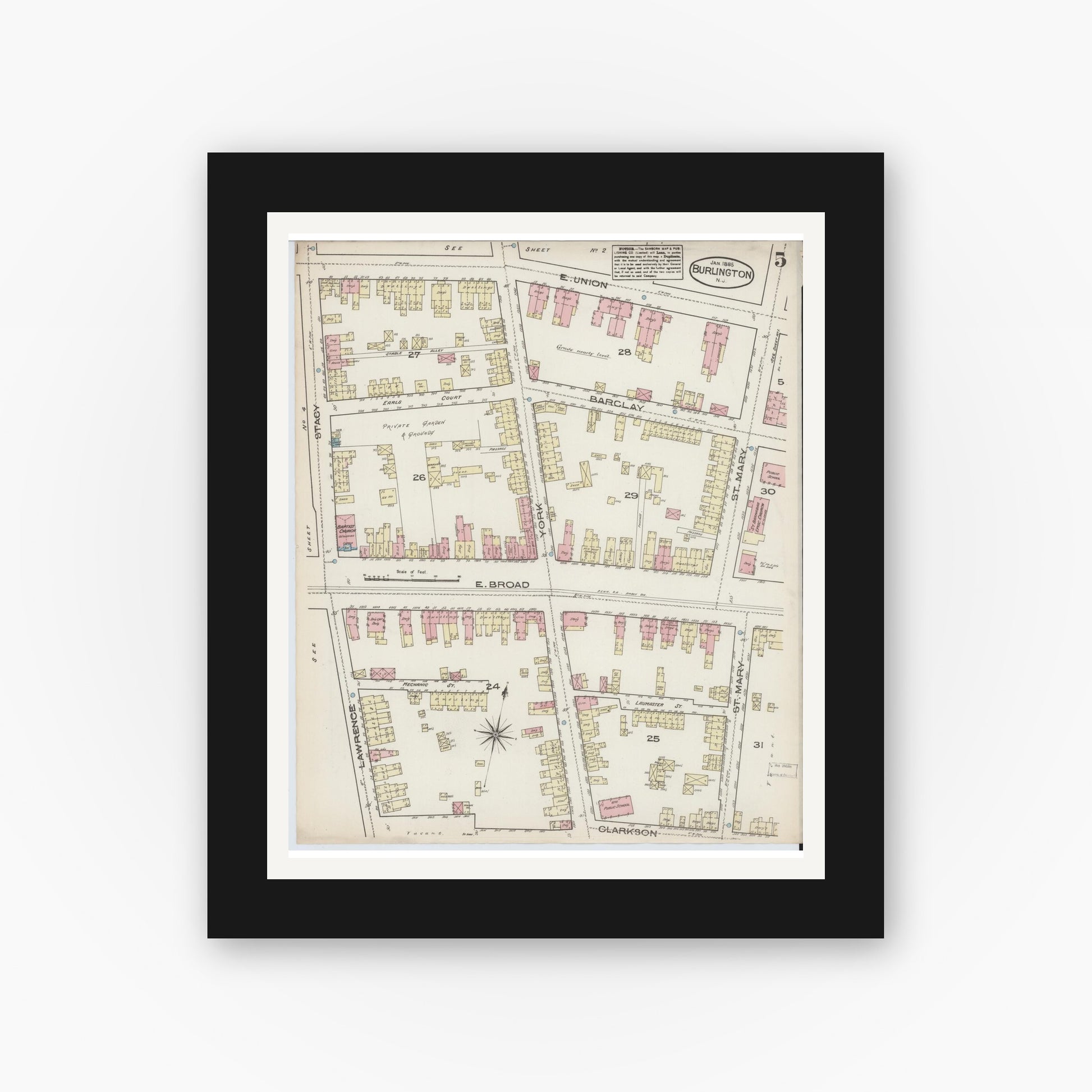 Old map wall art mockup — black gallery frame with white mat — Sanborn Fire Insurance Map from Burlington, Burlington County, New Jersey (1885), Sheet #0005