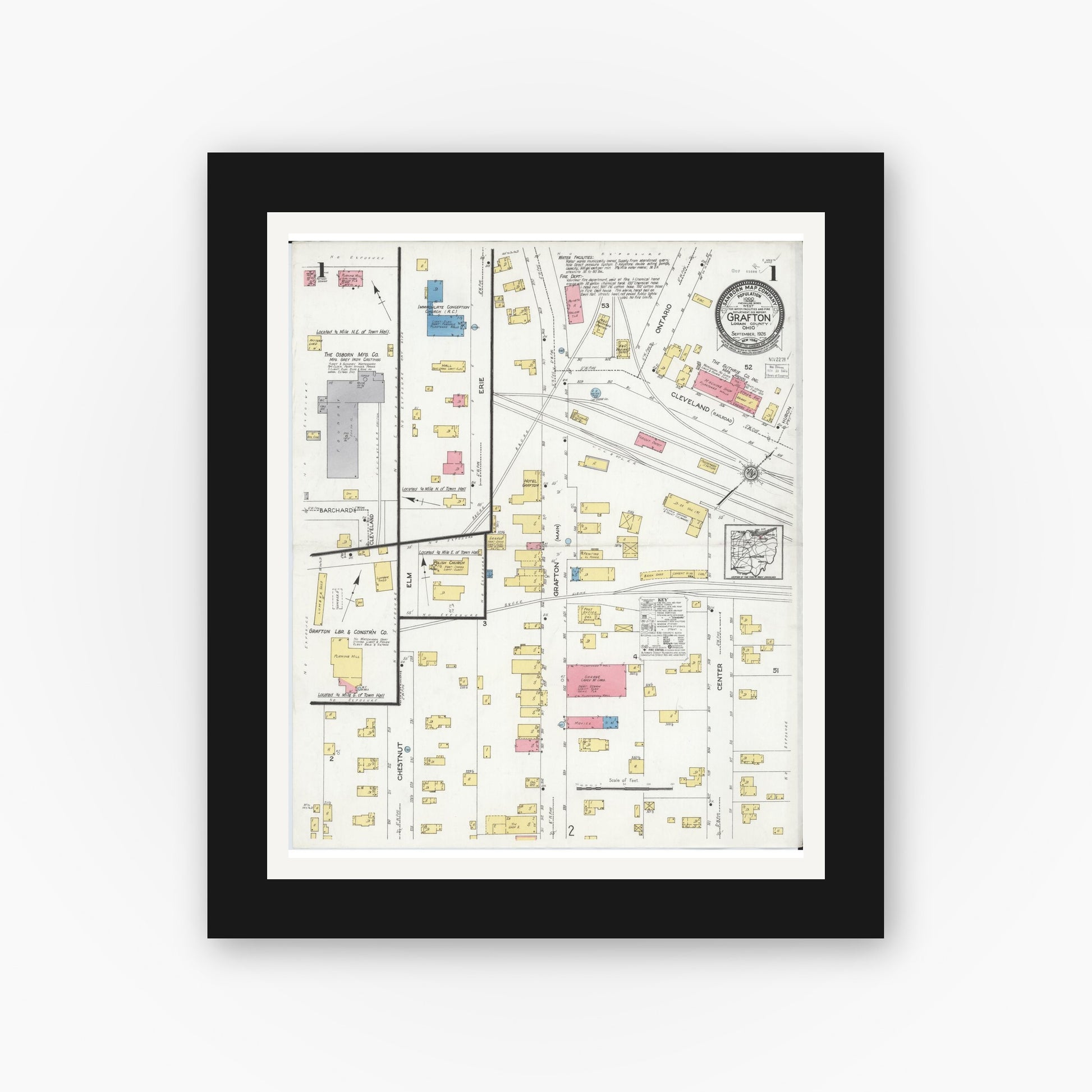 Old map wall art mockup — black gallery frame with white mat — Sanborn Fire Insurance Map from Grafton, Lorain County, Ohio (1926) - Complete Map Set