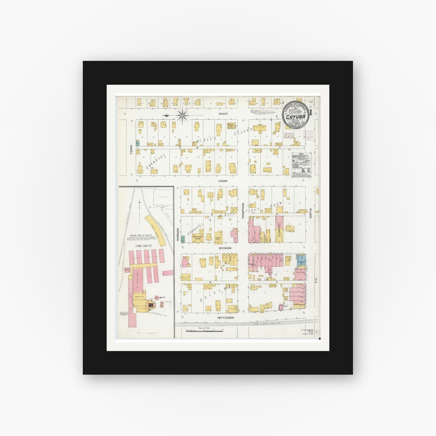 Old map wall art mockup — black gallery frame with white mat — Sanborn Fire Insurance Map from Cayuga, Vermillion County, Indiana (1906) - Complete Map Set